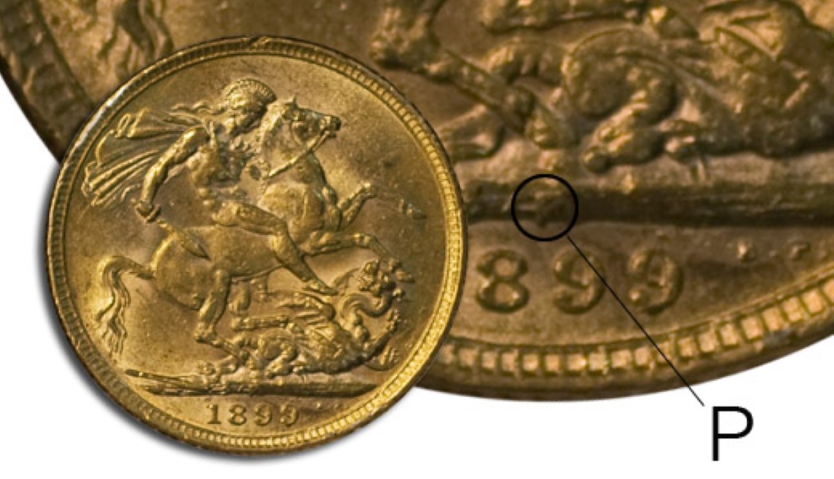 a Perth Mint sovereign with a notation to the 'P' mark