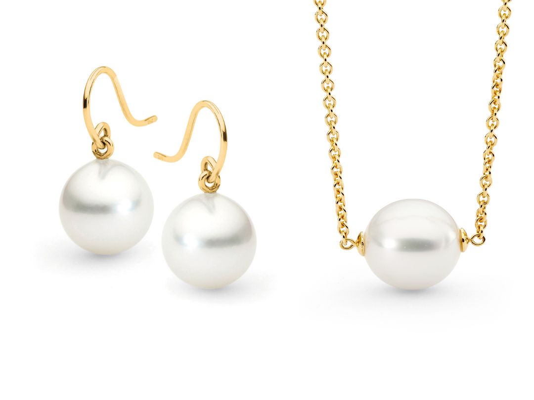 Featured pieces: Allure 18ct Yellow Gold Fine French Hook Articulated Pearl Earring and Allure 18ct Yellow Gold Fine Metal Floating Pearl Necklace