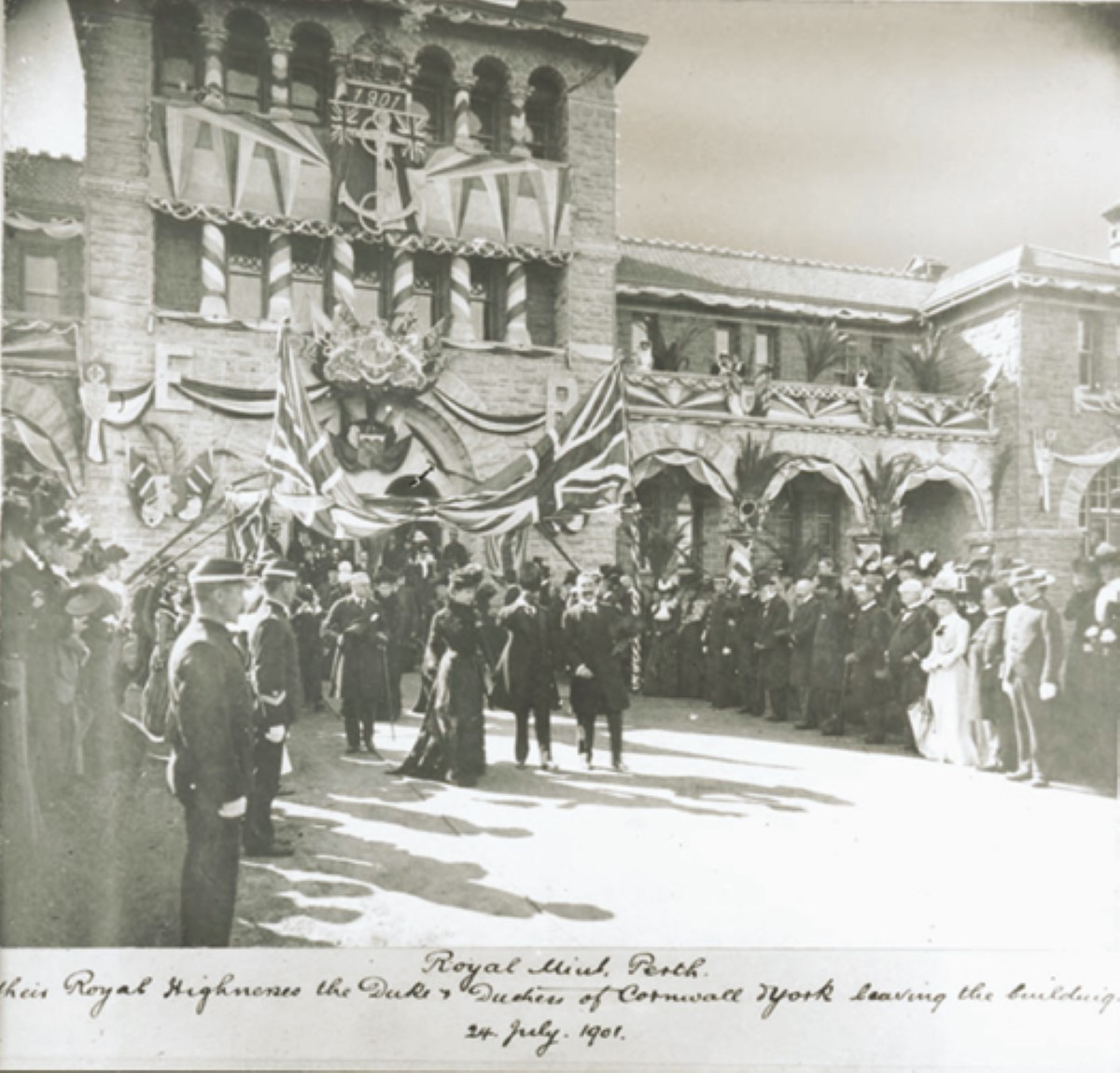 a black and white photgraph of the Duke and Duchess of York  at the Perth Mint in January of 1901