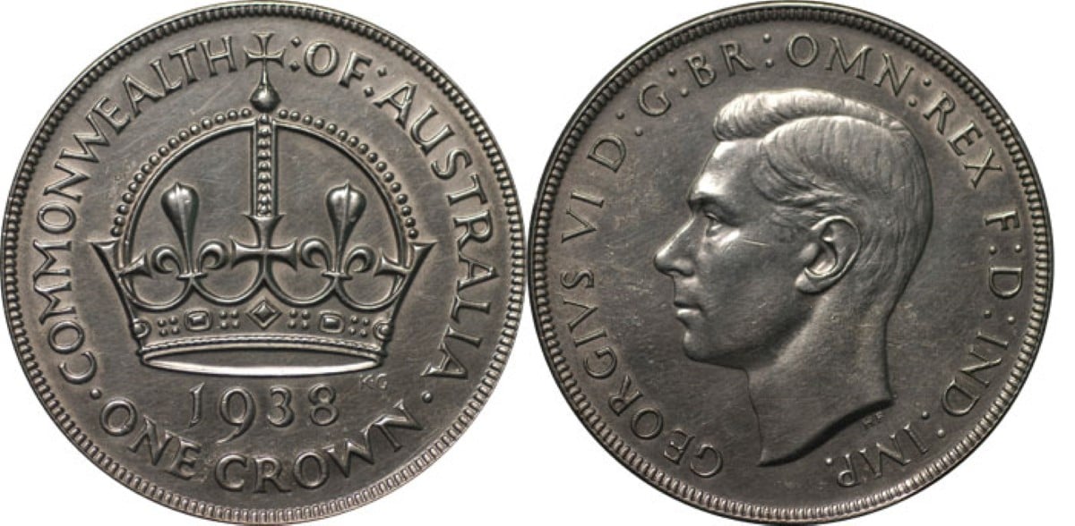 obverse and reverse of a 1938 Australian Crown coin