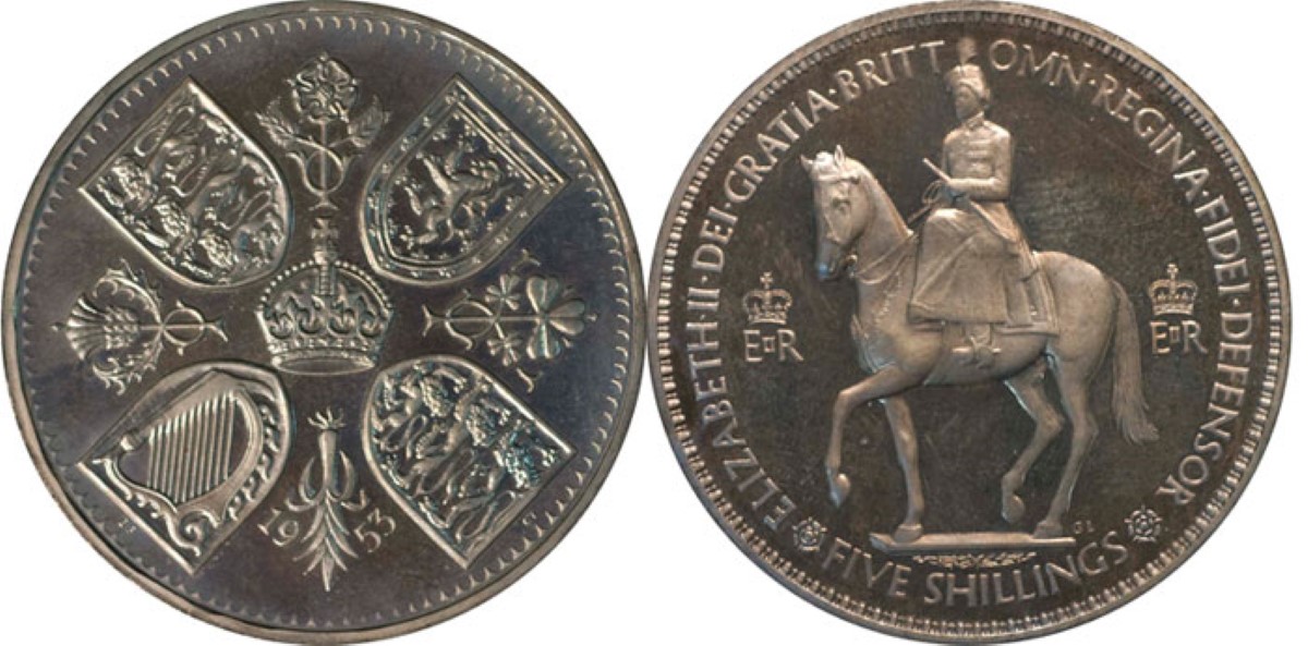 obverse and reverse of a 1953 UK Coronation Crown coin