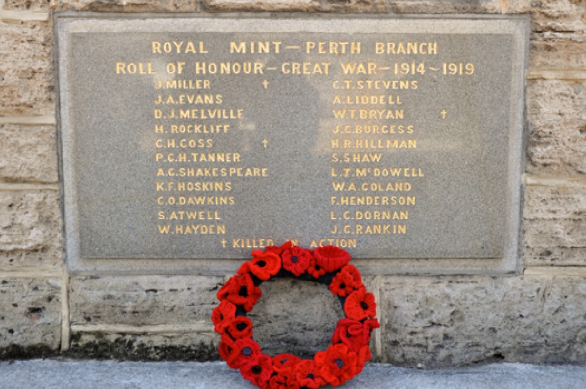 a Roll of honour of those who were killed in ww1 plaque on the wall of The Perth Mint