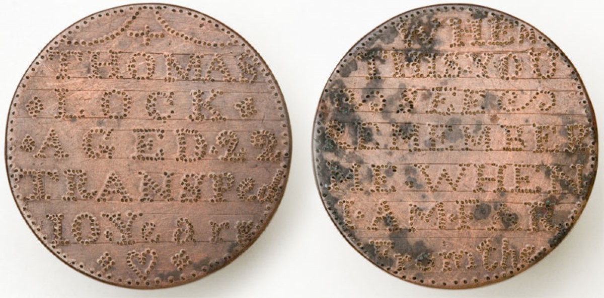 reverse and obverse of a 1797 penny with a personal inscription