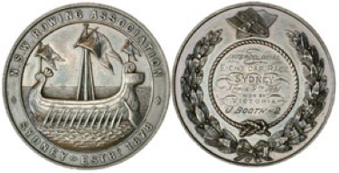 obverse and reverse of a 1881 Sydney rowing silver medallion