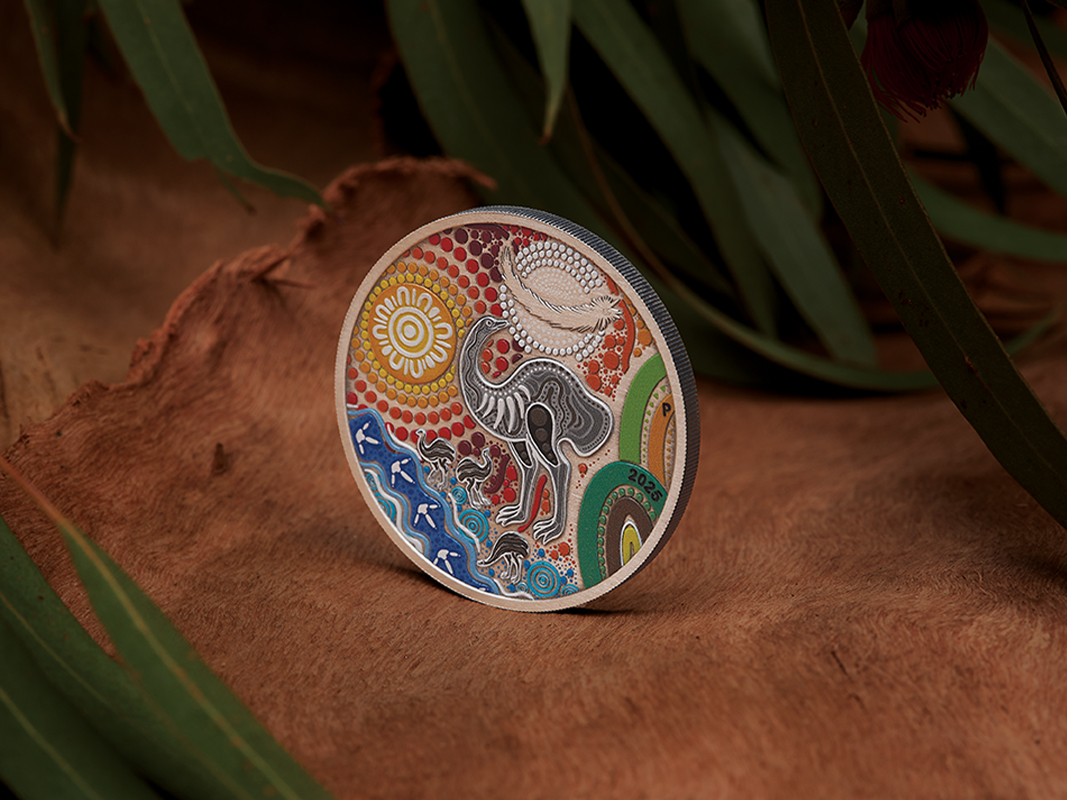 Indigenous emu silver antiqued coloured coin - July 2025 - The Perth Mint
