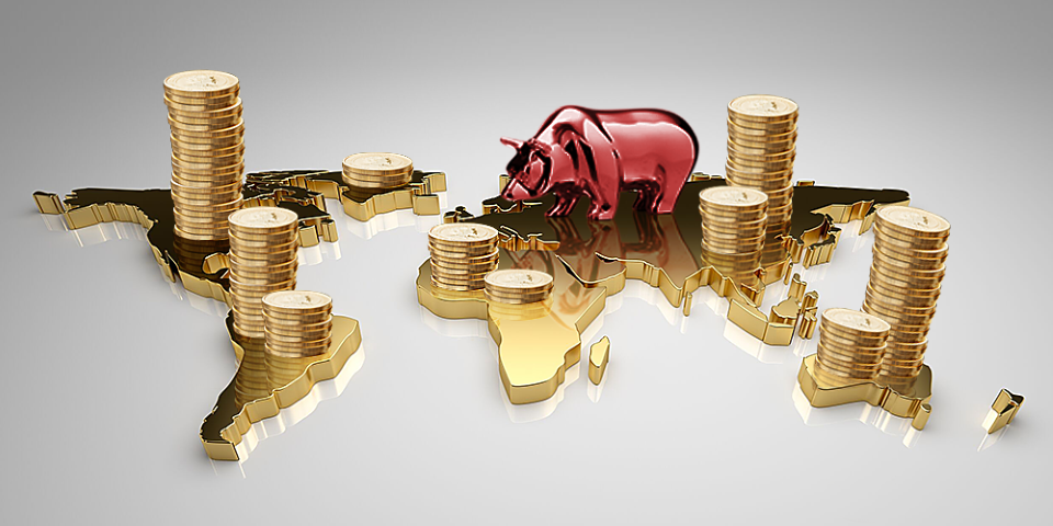 3D gold map of the world with red bear and gold coins