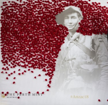 a Poppy wall of a solider with the phrase 'We will remember them'