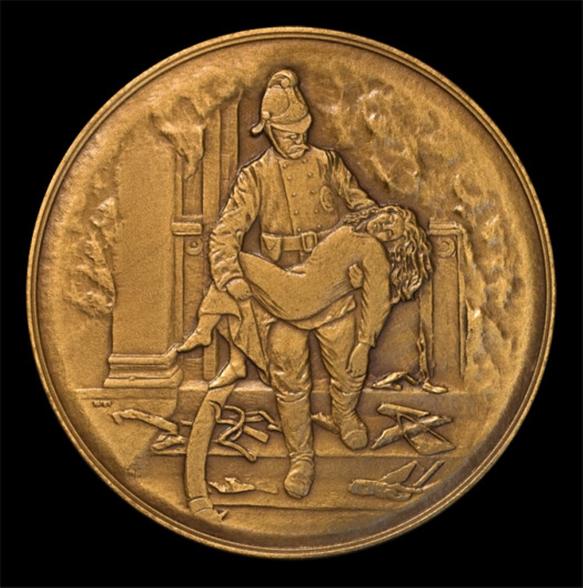 obverse of a coin depicting a fireman carrying a female occupant from a house fire