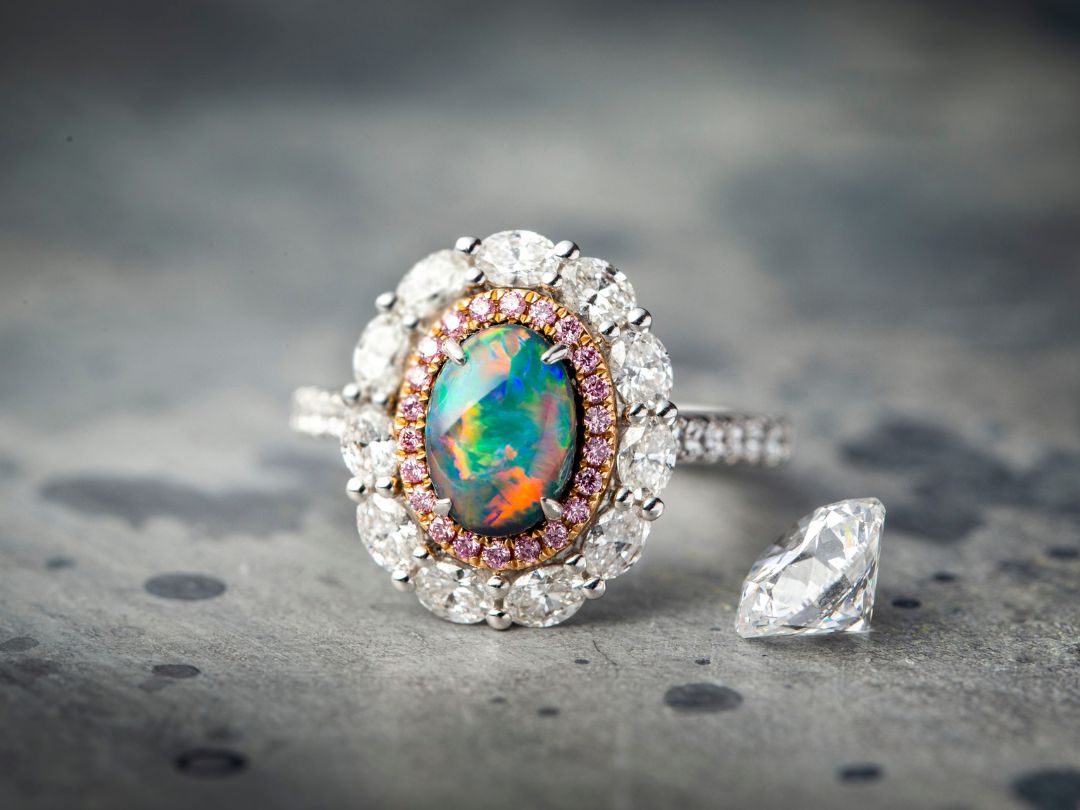 Pink and white diamond ring with opal