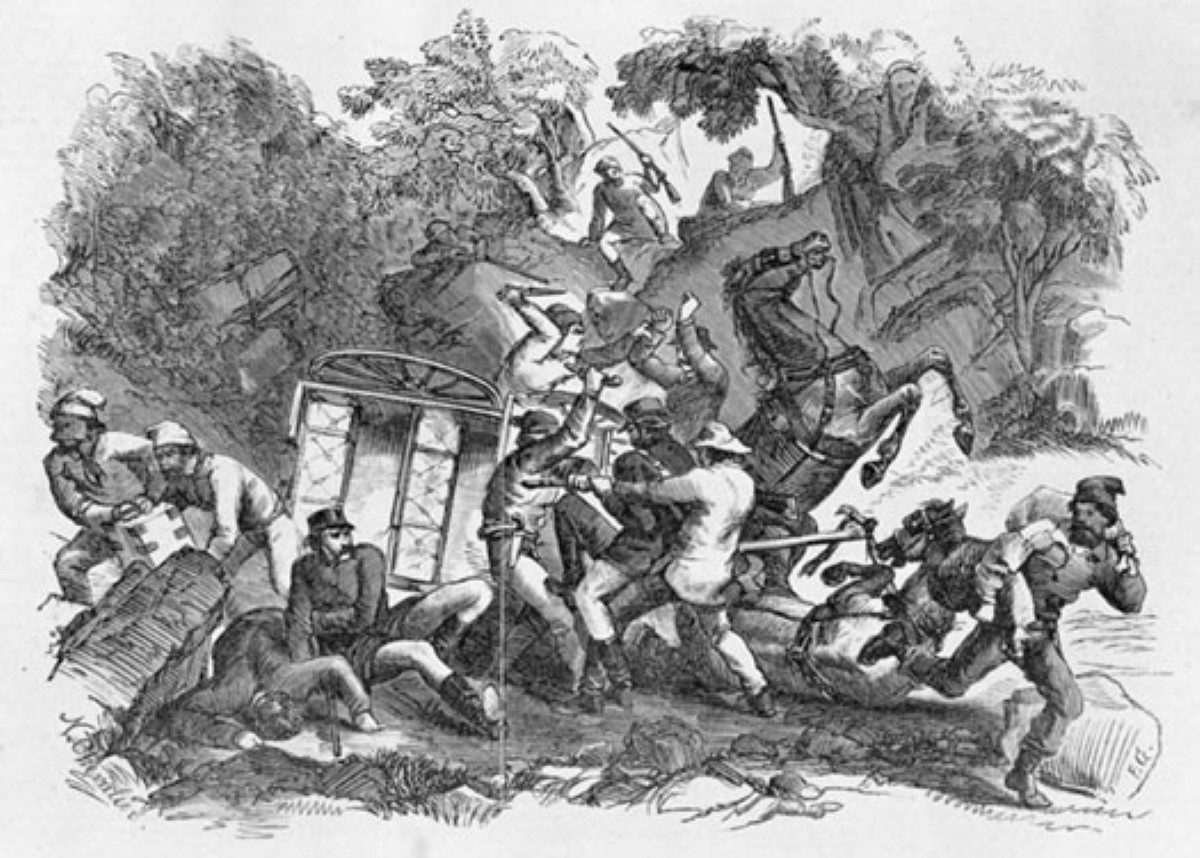 drawing of a group of gold miners fighting