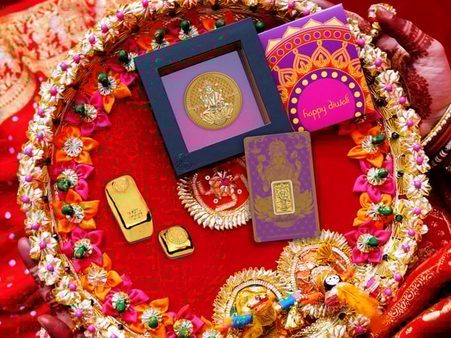 Diwali gold bullion, minted bar and medallion