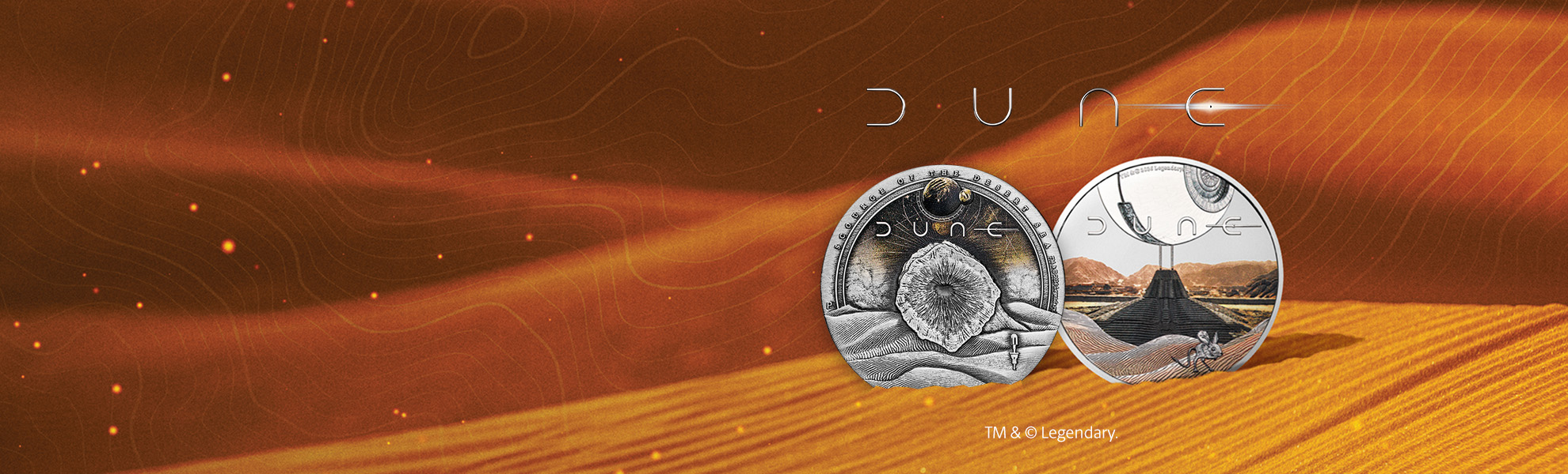 Gold and silver Dune coins from The Perth Mint displayed with cinematic-inspired designs, part of a Dune collector series.