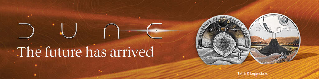 Dune coin collection by The Perth Mint featuring detailed gold and silver designs inspired by the iconic science fiction series, available to shop online.