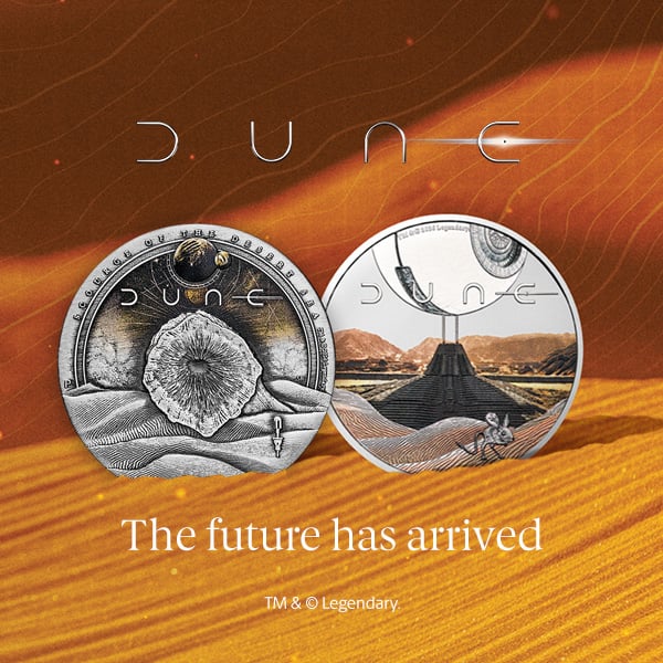 Premium Dune coins in gold and silver by The Perth Mint, highlighting collectable designs.