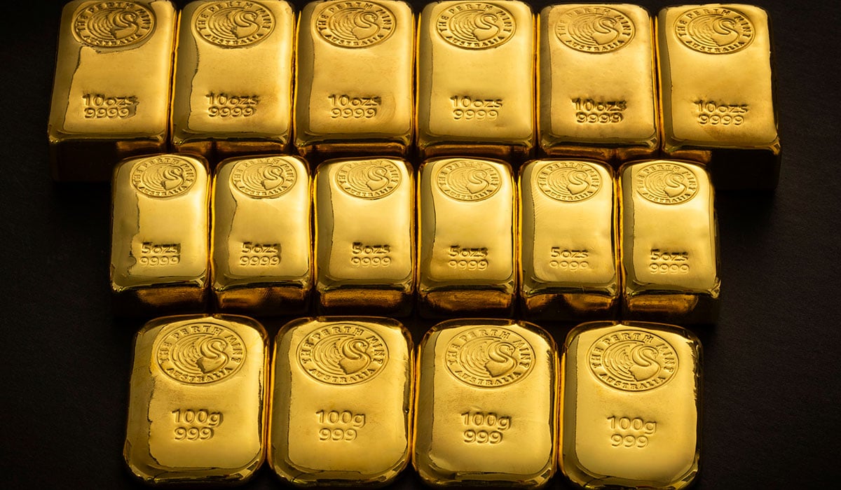 Assortment of gold cast bars at The Perth Mint.