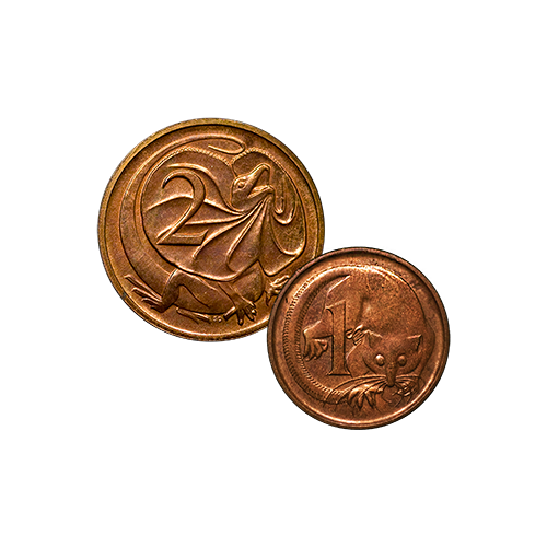 One cent and two cent coins produced by The Perth Mint in the move to decimal currency.