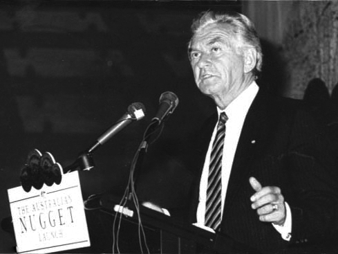 Former prime minister Bob Hawke launches the gold nugget series in 1987.