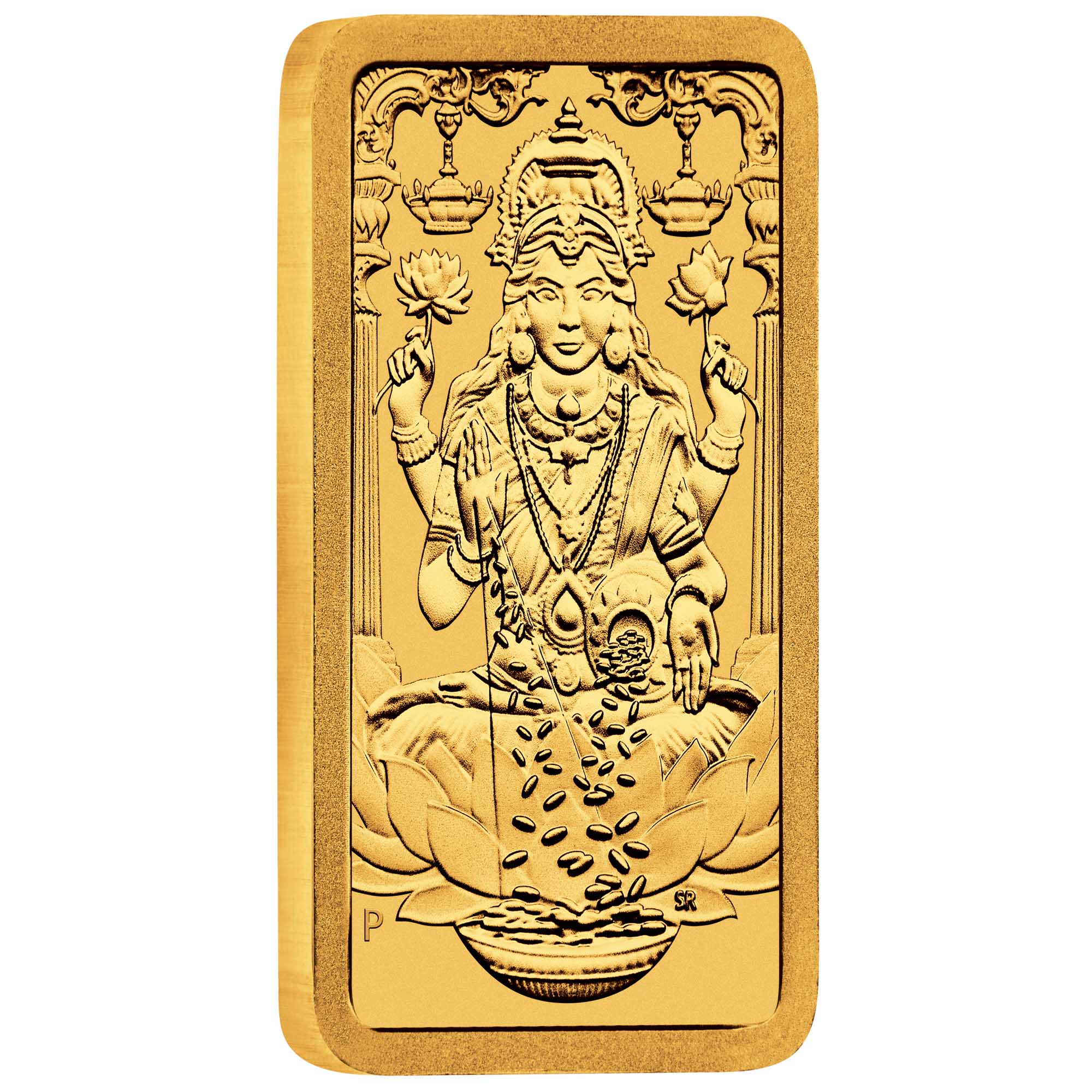 01 Lakshmi 1g Gold Minted Bar OnEdge HighRes