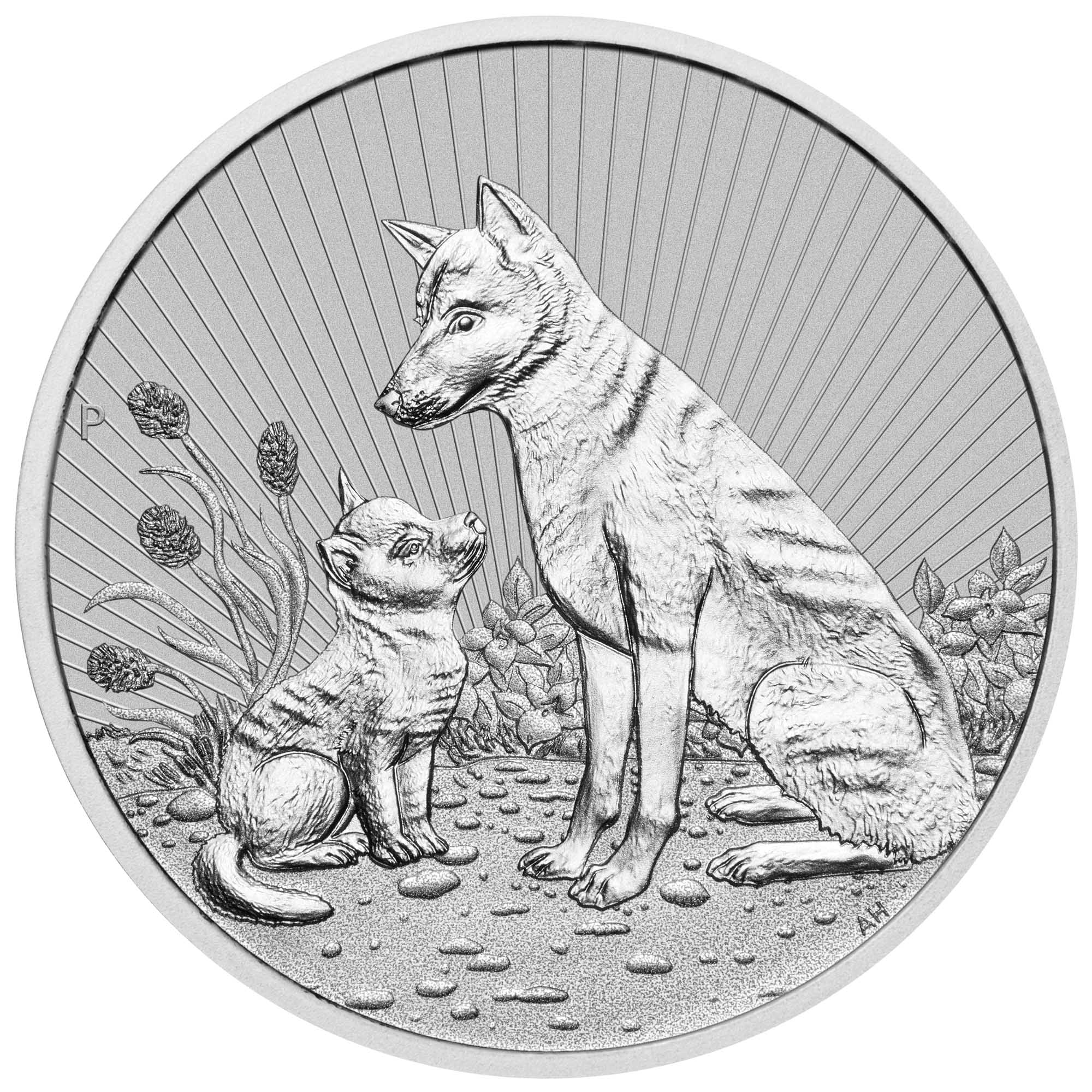 02 2022  AustralianDingoMother&Baby  2oz Silver Piedfort Coin StraightOn HighRes