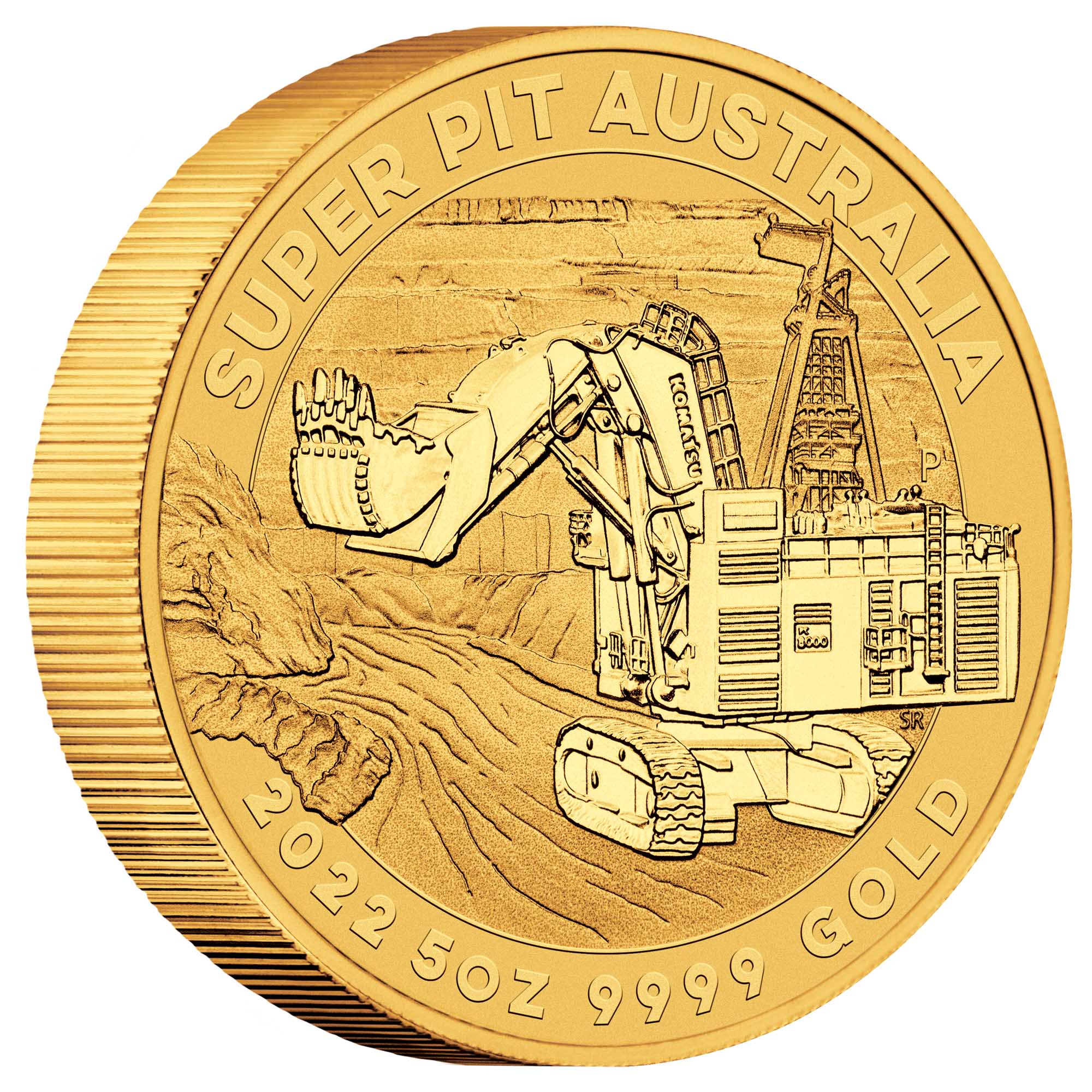 01 2022 Superpit 5oz Gold Bullion Coin OnEdge HighRes