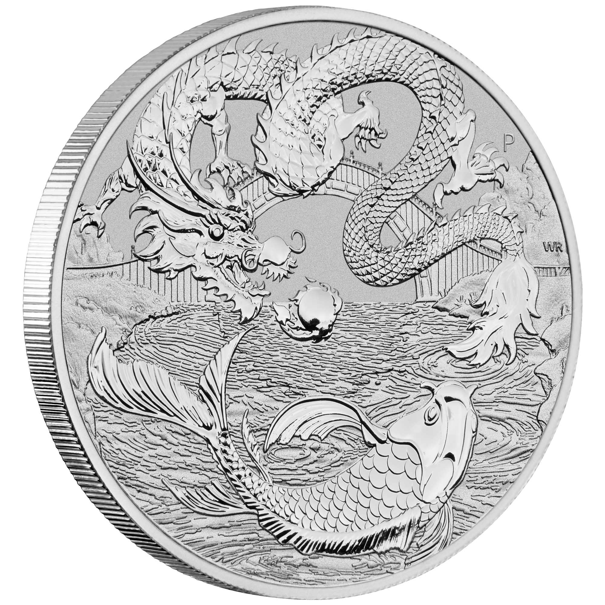 01 Dragon & Koi 2023 1oz Silver Bullion Coin OnEdge HighRes