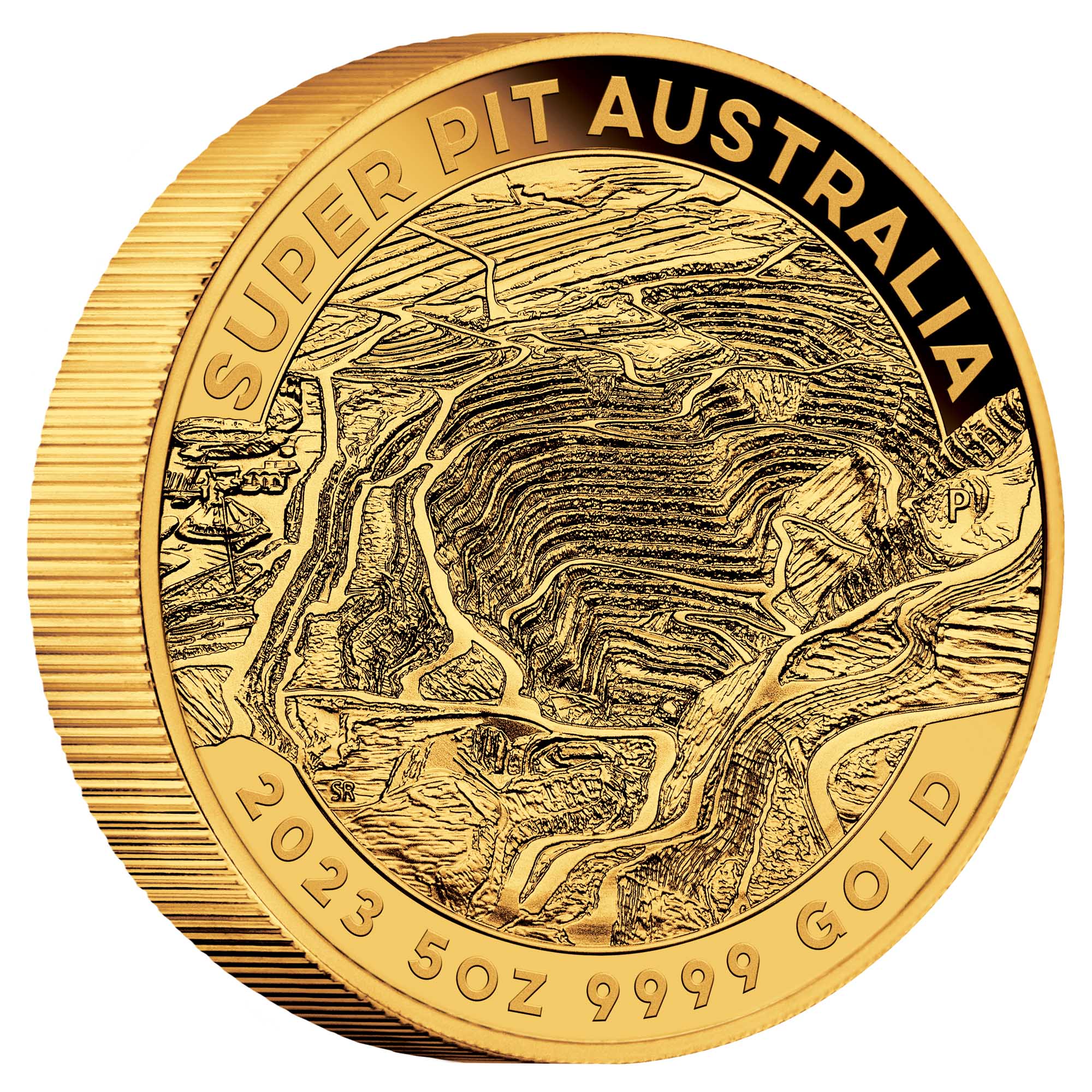 01 2023 Superpit 5oz Gold Bullion Coin OnEdge HighRes