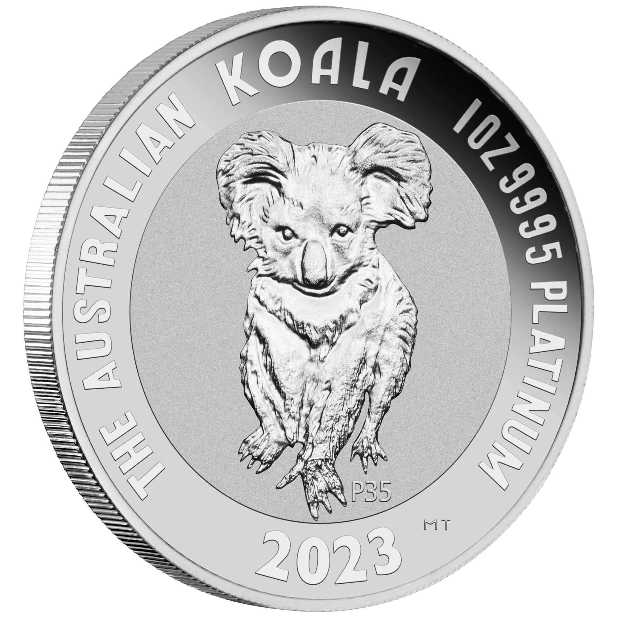 01 2023 Koala 35thAnn 1oz Platinum Bullion Coin OnEdge HighRes
