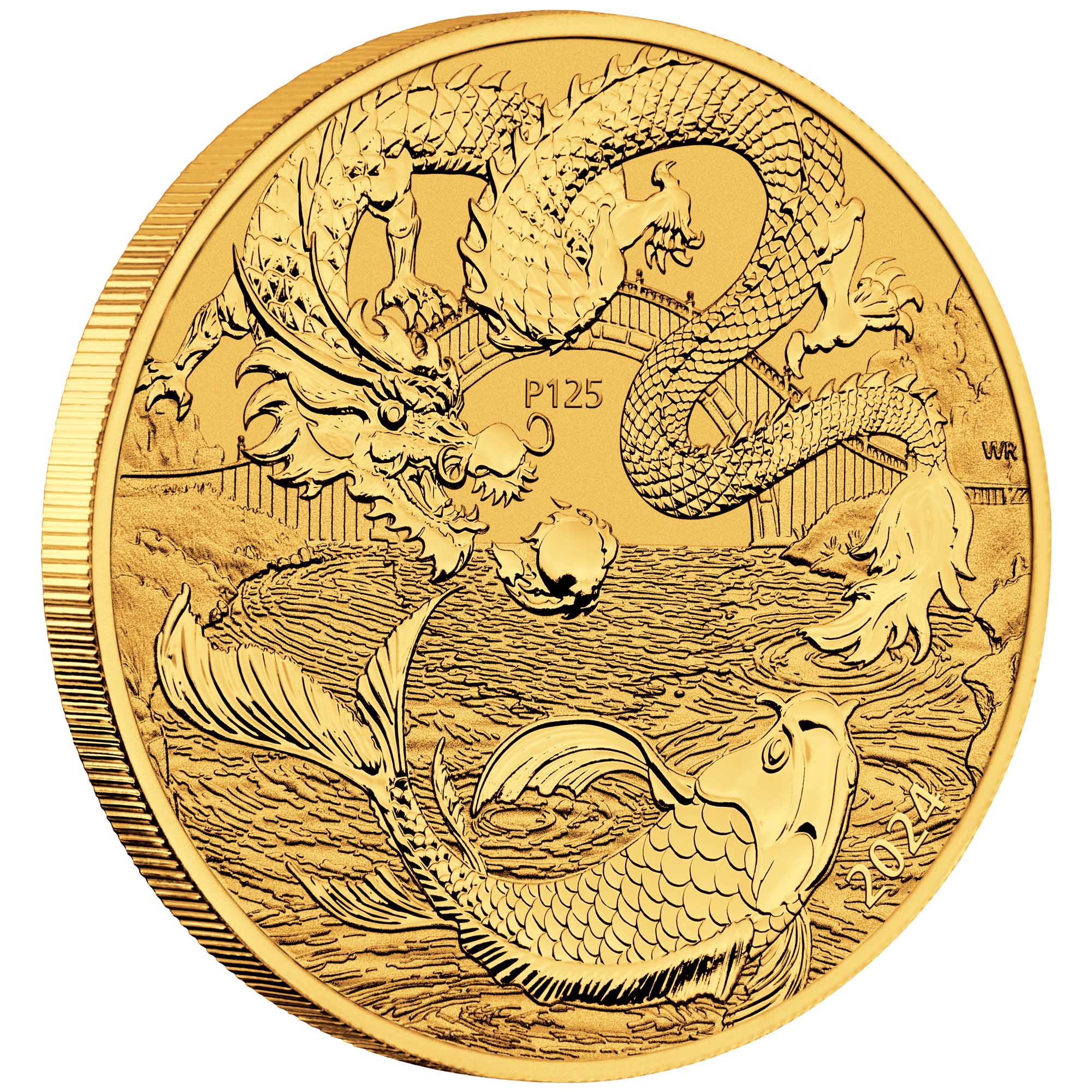 01 2024 Dragon & Koi 1oz Gold Bullion Coin OnEdge HighRes