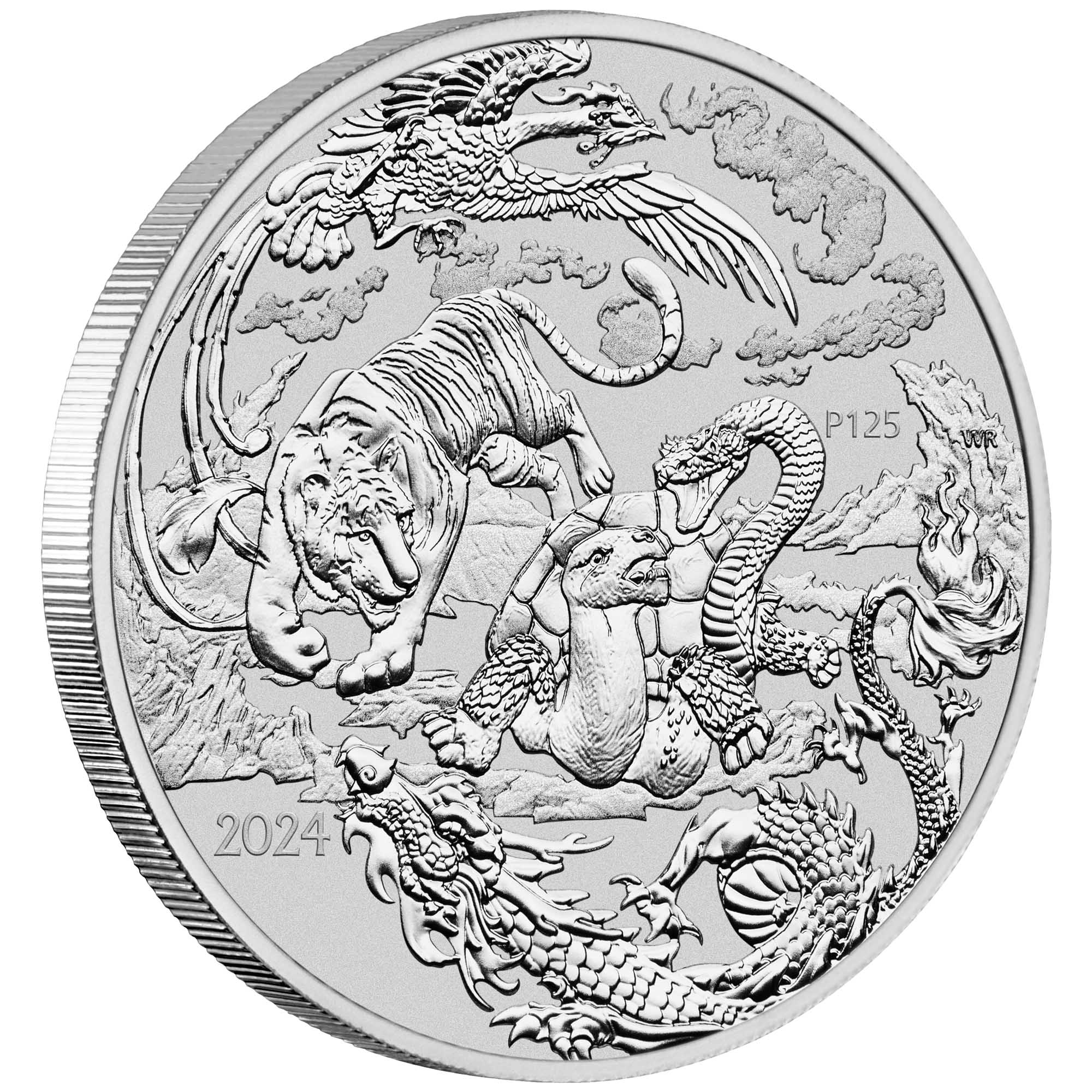 01 2024 Chinese Myths & Legends Four Mythical Guardians 1oz Silver Bullion Coin on edge HighRes