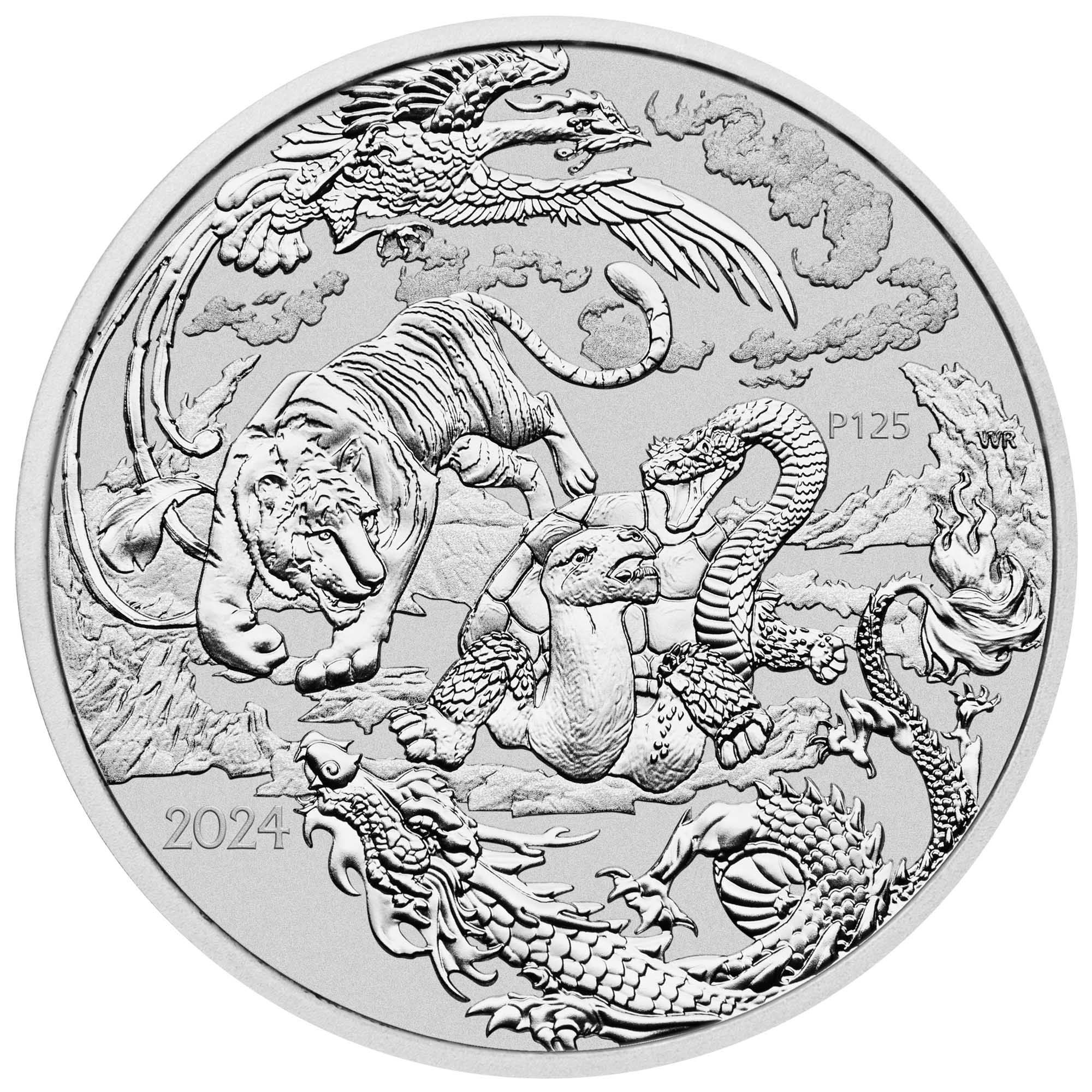 02 2024 Chinese Myths & Legends Four Mythical Guardians 1oz Silver Bullion Coin straight on Hig