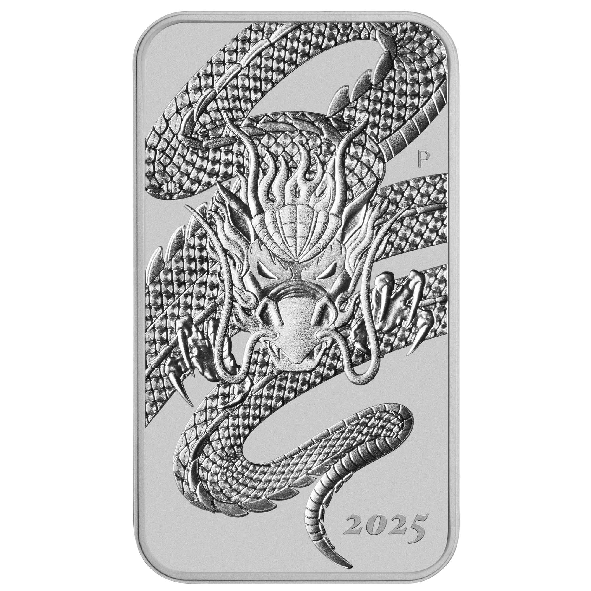 05 2025 Dragon 1oz Silver Bullion Rectangular Coin straight on HighRes
