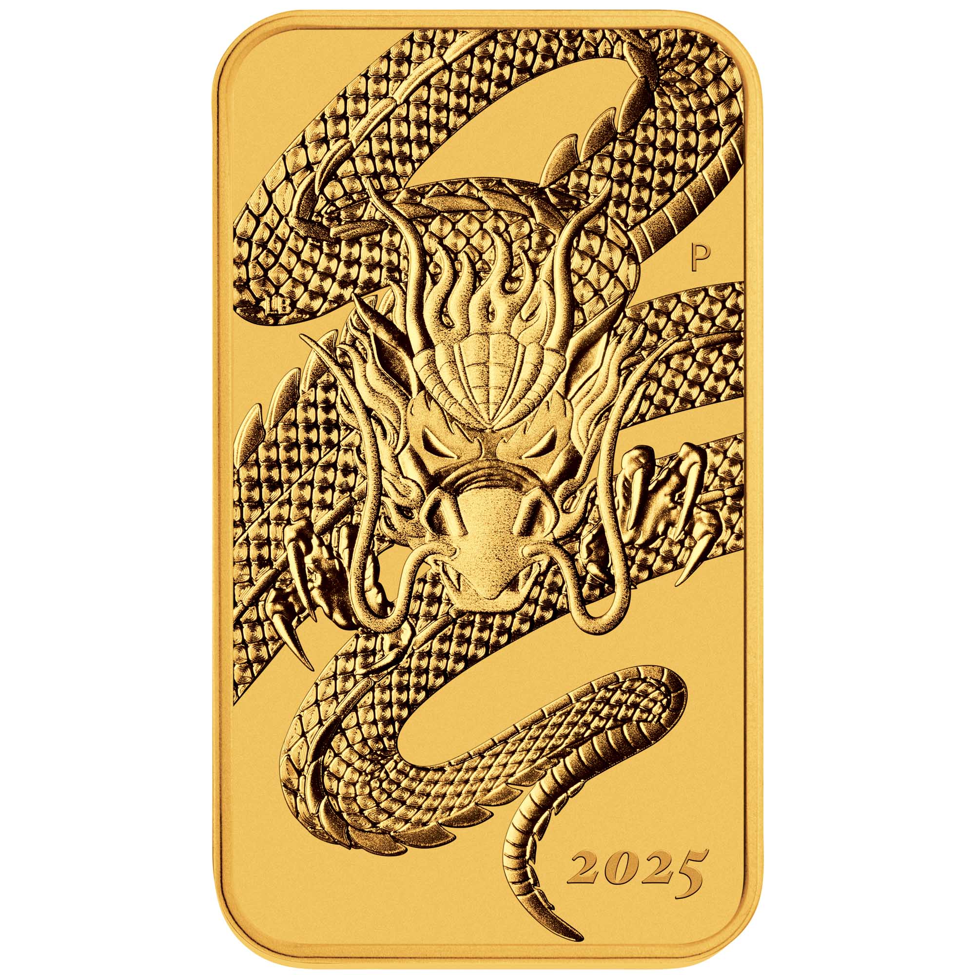 02 2025 Dragon 1oz Gold Bullion Rectangular Coin straight on HighRes