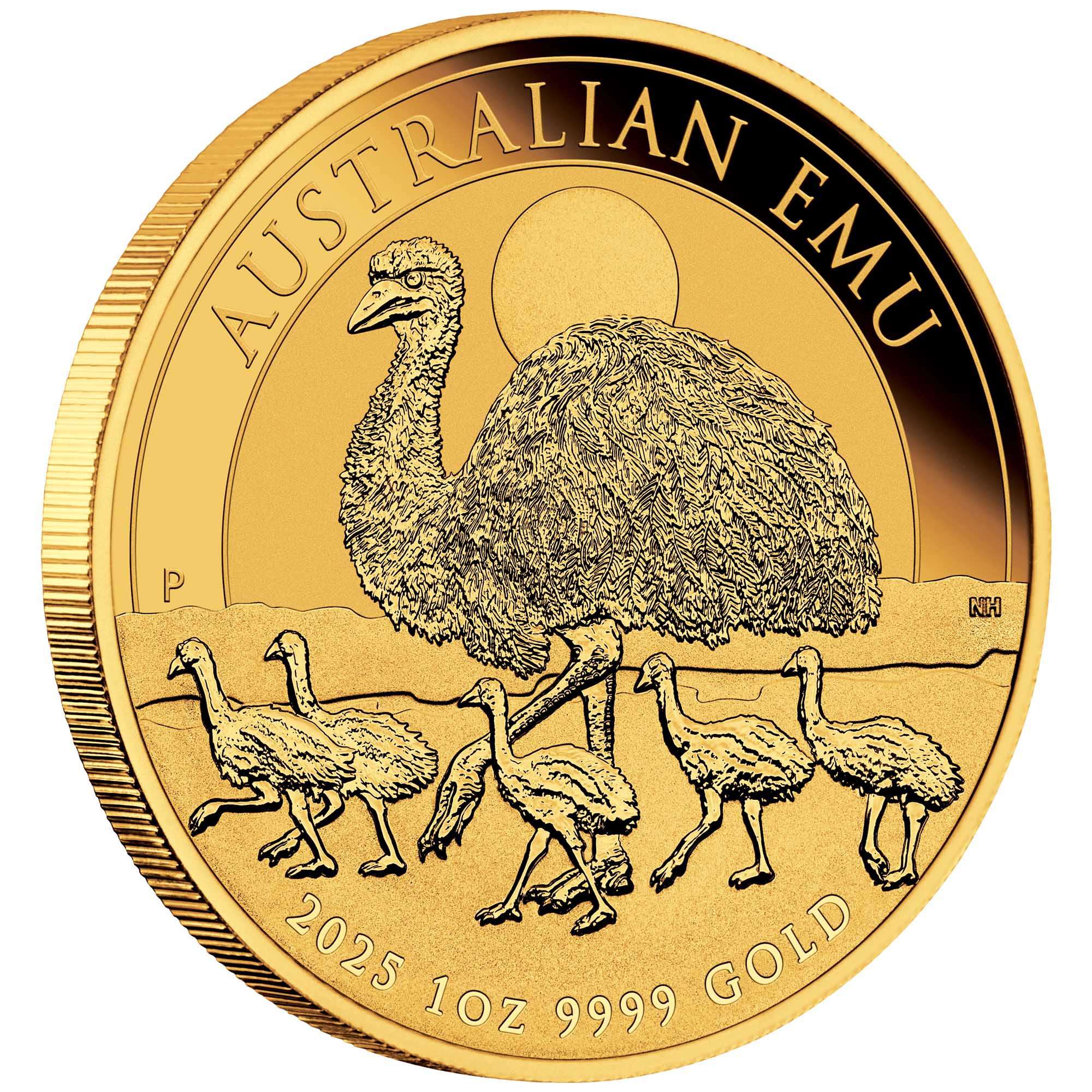 04 2025 Australian Emu 1oz Gold Bullion Coin OnEdge HighRes