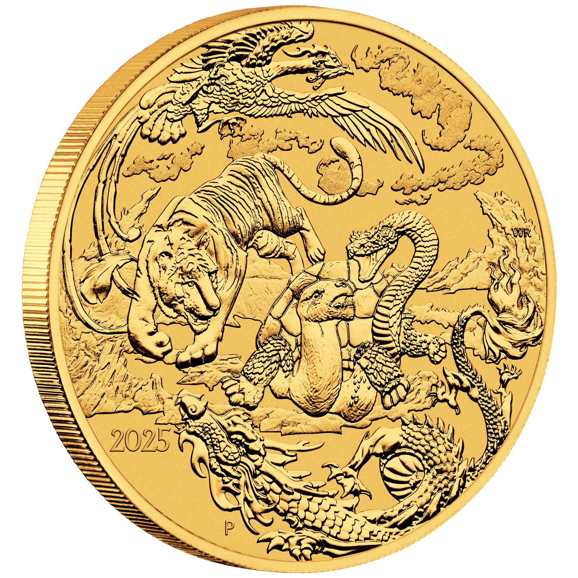 01 2024 Chinese Myths & Legends Four Mythical Guardians 1oz Gold Bullion Coin on edge HighRes