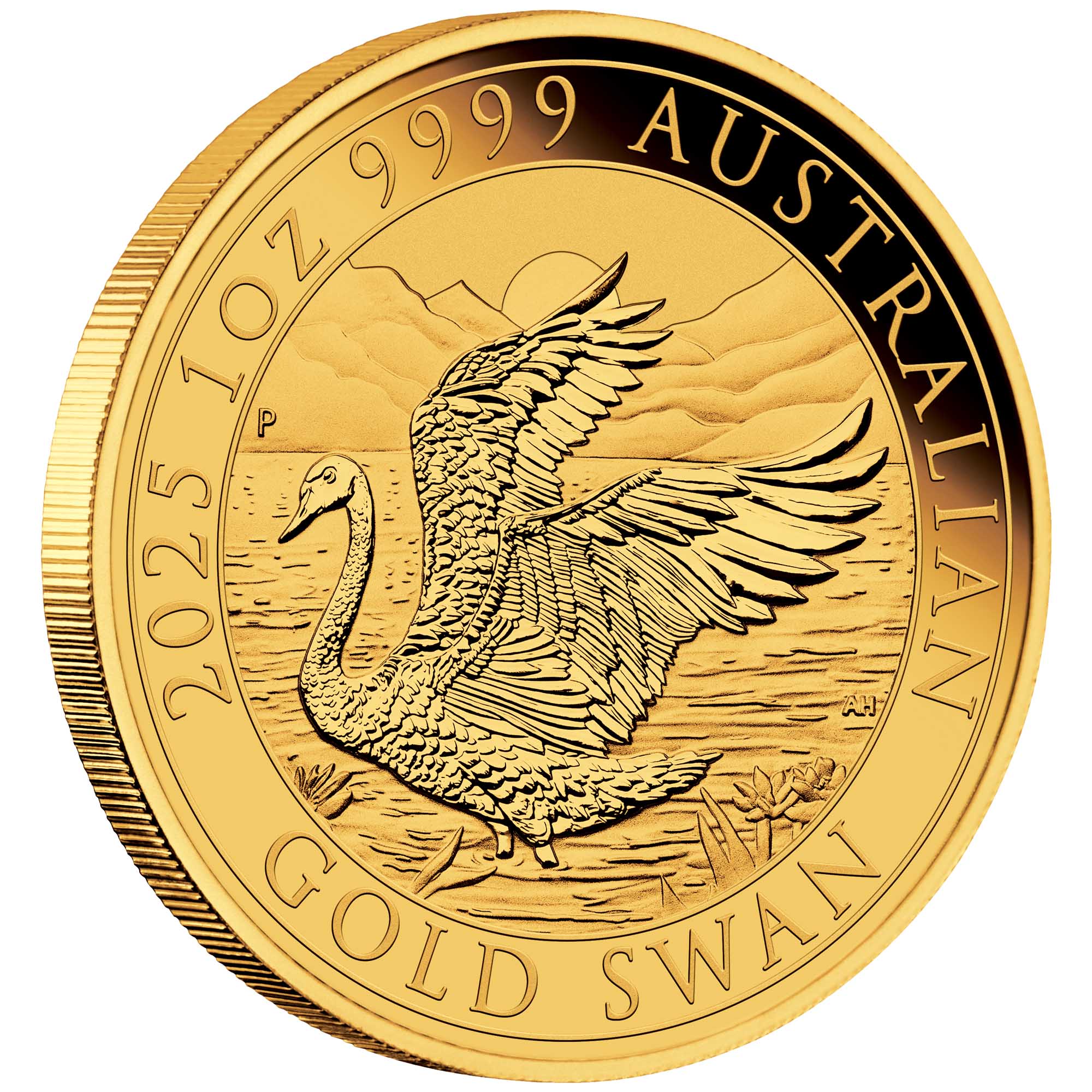 08 2025 Swan 1oz Gold Bullion Coin on edge HighRes