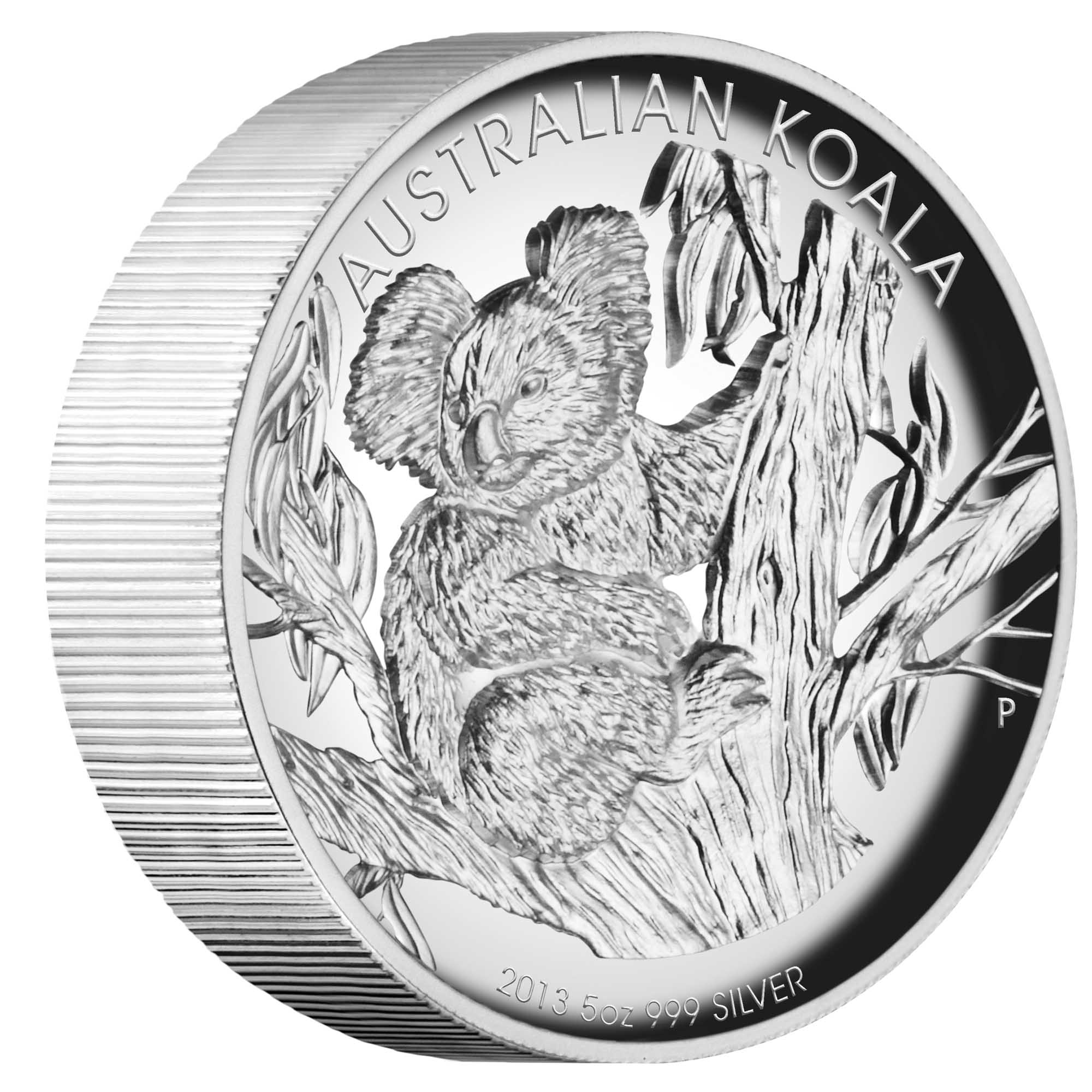 25 2013 AustralianKoala 5oz Silver HighRelief Proof OnEdge H