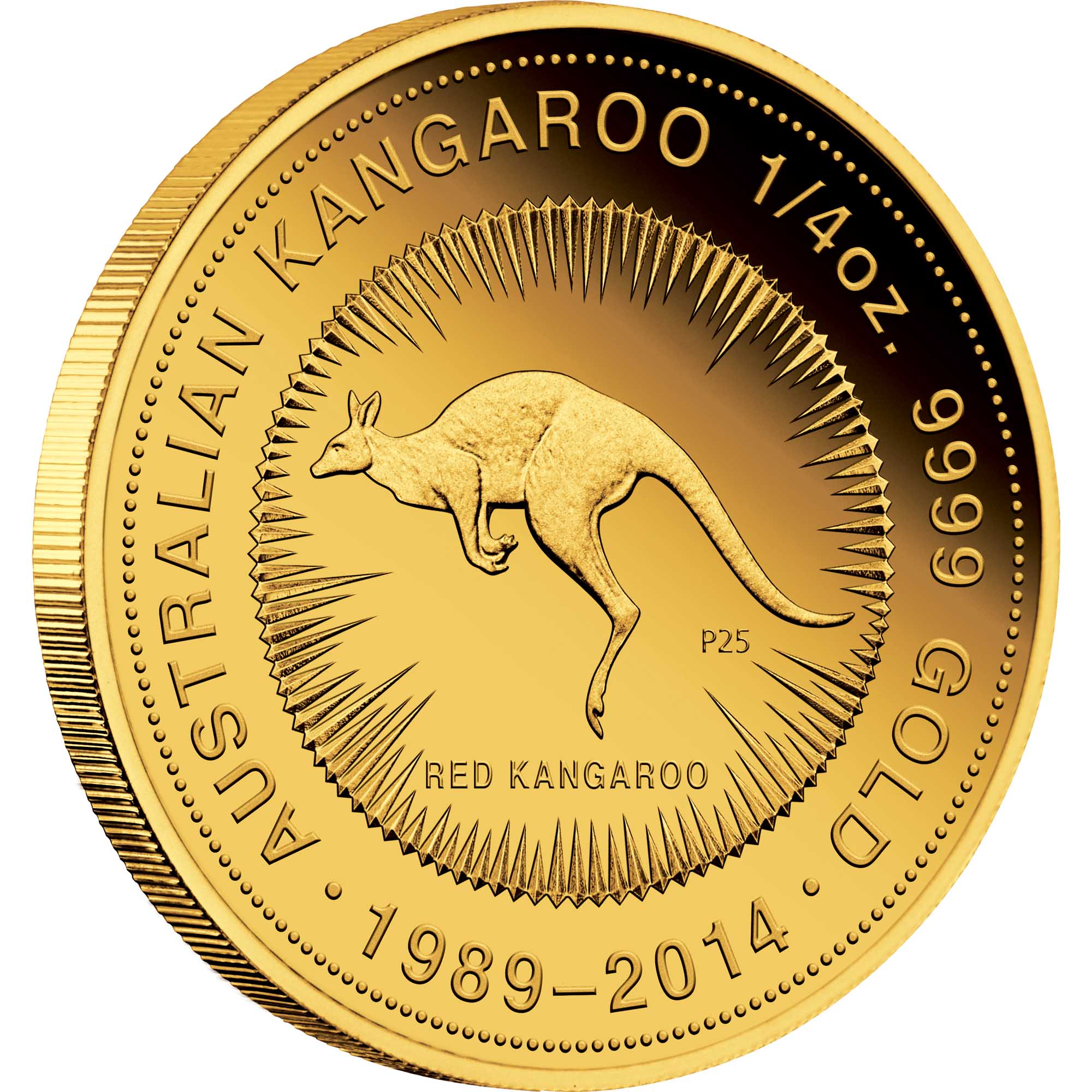 09 2014 25thAnniversary RedKangaroo Gold 1 4oz Proof OnEdge HighRes