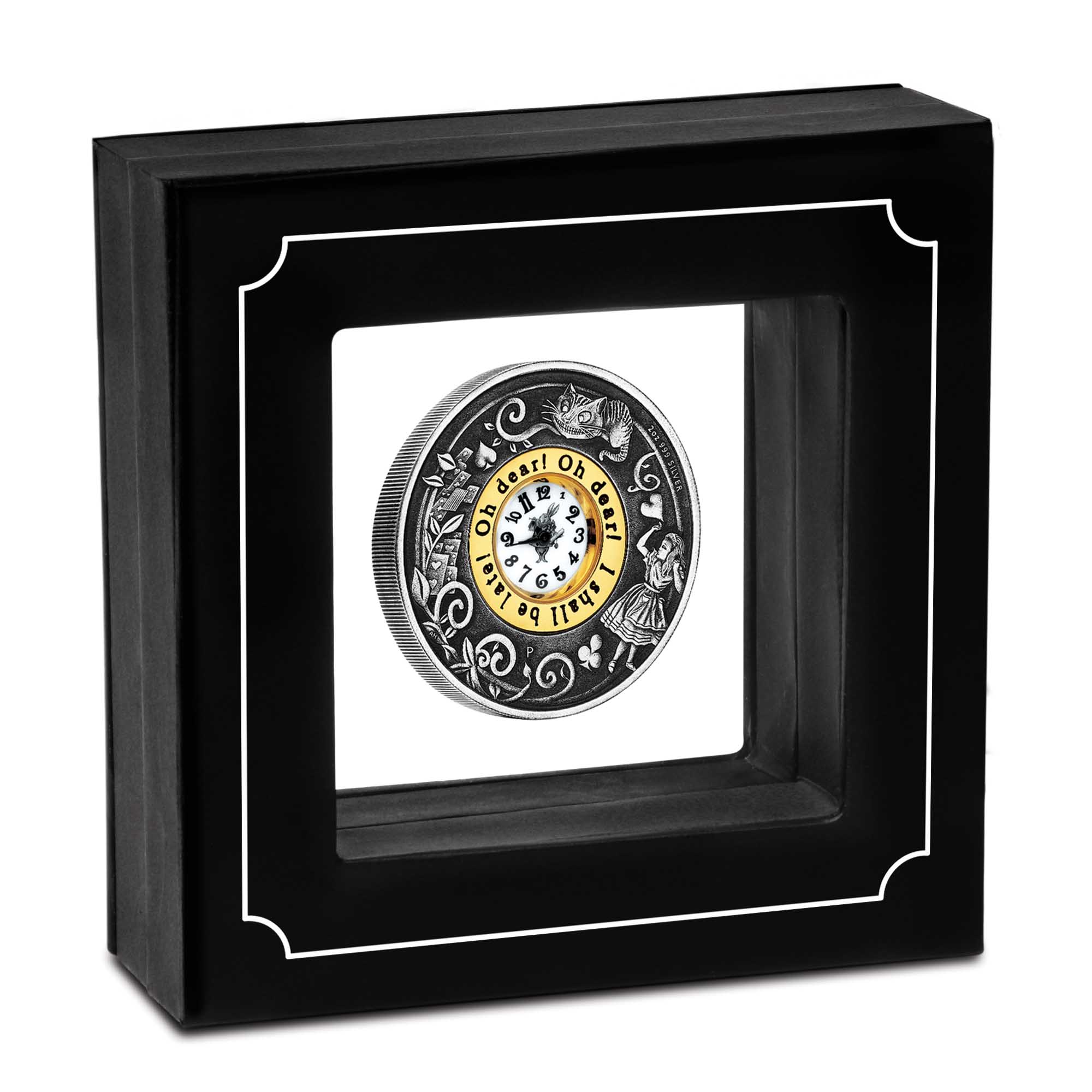 09 2015 150thAnniversary Alice’sAdventuresInWonderland Clock Silver 2oz Antiqued InCase HighRes