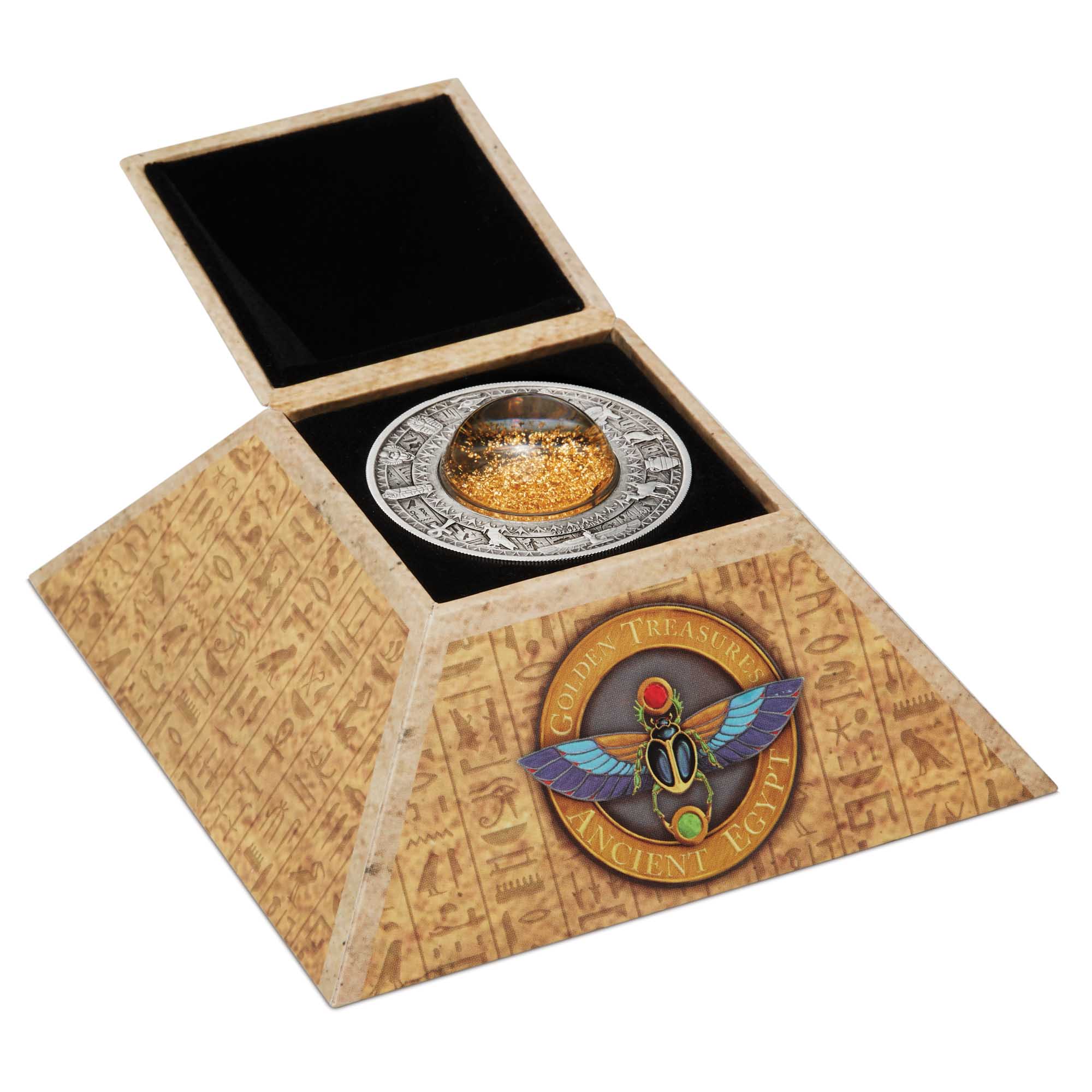 05 2019 Golden Treasures of Ancient Egypt 2oz Silver Antiqued Coin InCase HighRes
