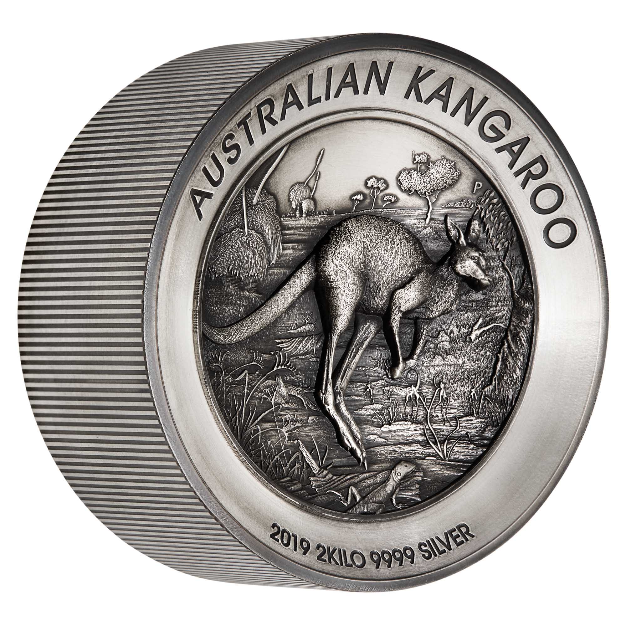 01 2019 Kangaroo 2 Kilo Silver Antiqued High Relief Coin OnEdge HighRes