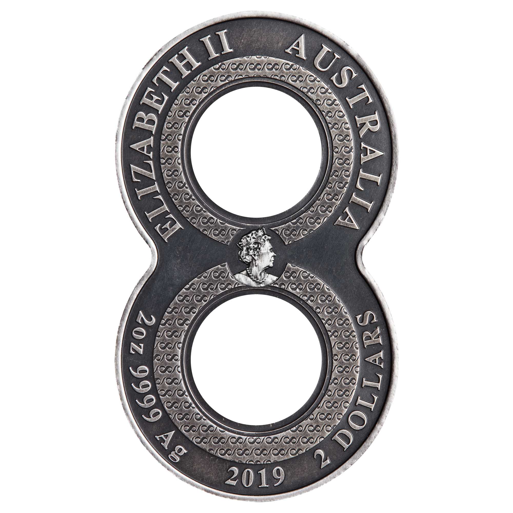 03 figure eight koi fish 2019 2oz silver antiqued Obverse