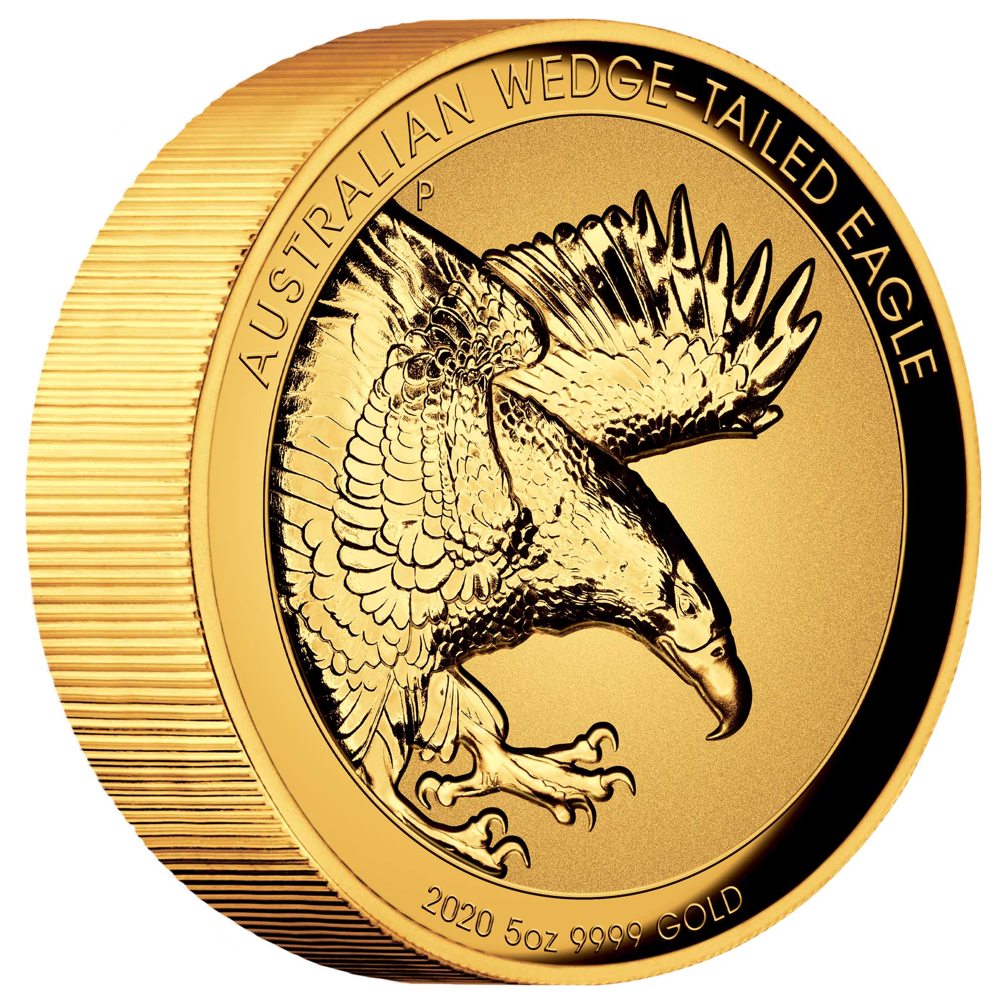 01 2020AustralianWedge TailedEagle 5oz Gold Proof HighRelief Coin OnEdge HighRes