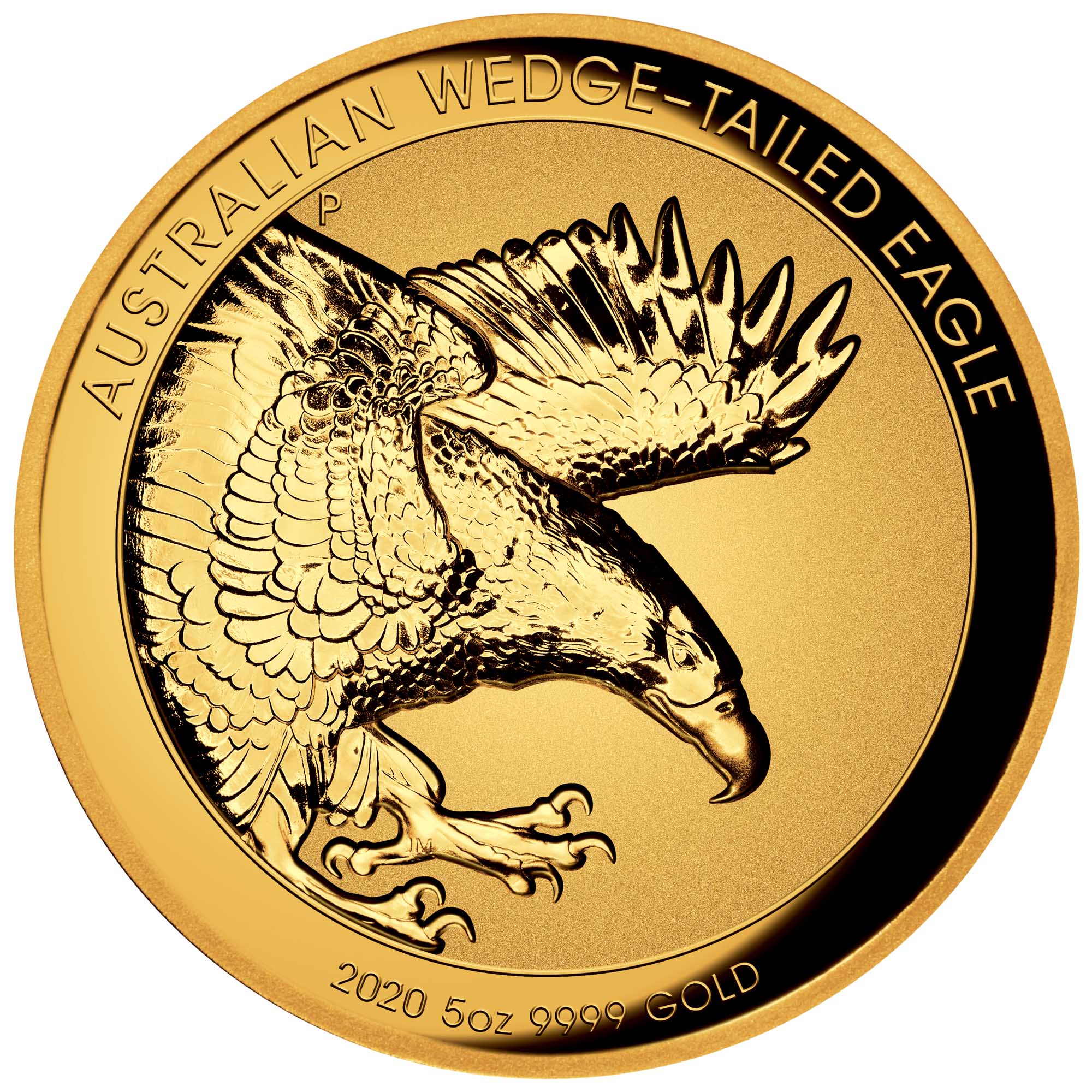 02 2020AustralianWedge TailedEagle 5oz Gold Proof HighRelief Coin StriaghtOn HighRes
