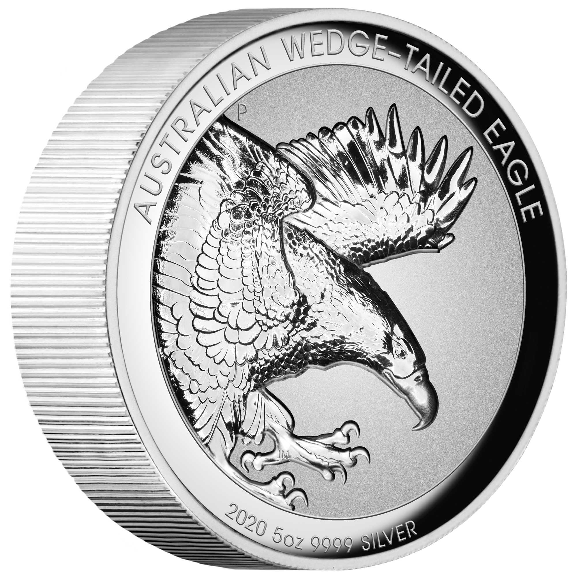 01 2020AustralianWedge TailedEagle 5oz Silver Proof HighRelief Coin OnEdge HighRes