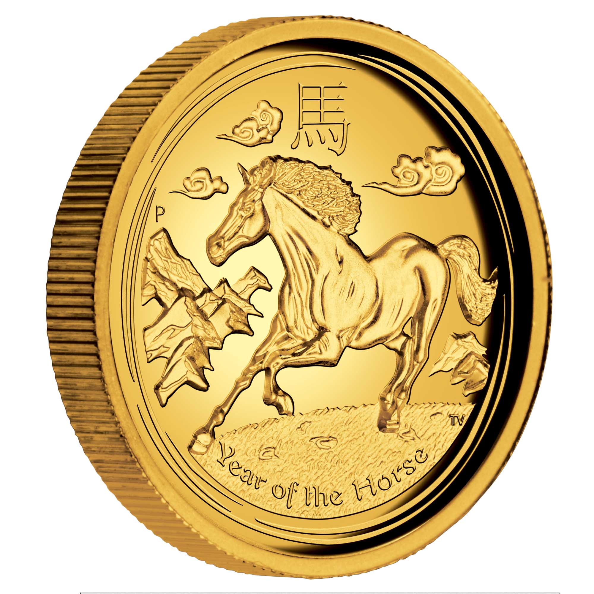 01 2014 YearOfTheHorse 1oz Gold HighRelief Proof OnEdge HighRes