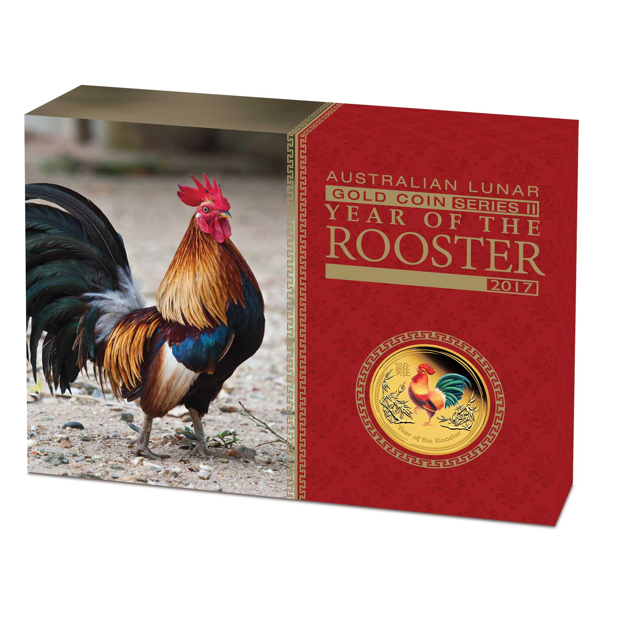 05 2017 YearOfTheRooster Gold Coloured 1oz Proof InShipper HighRes