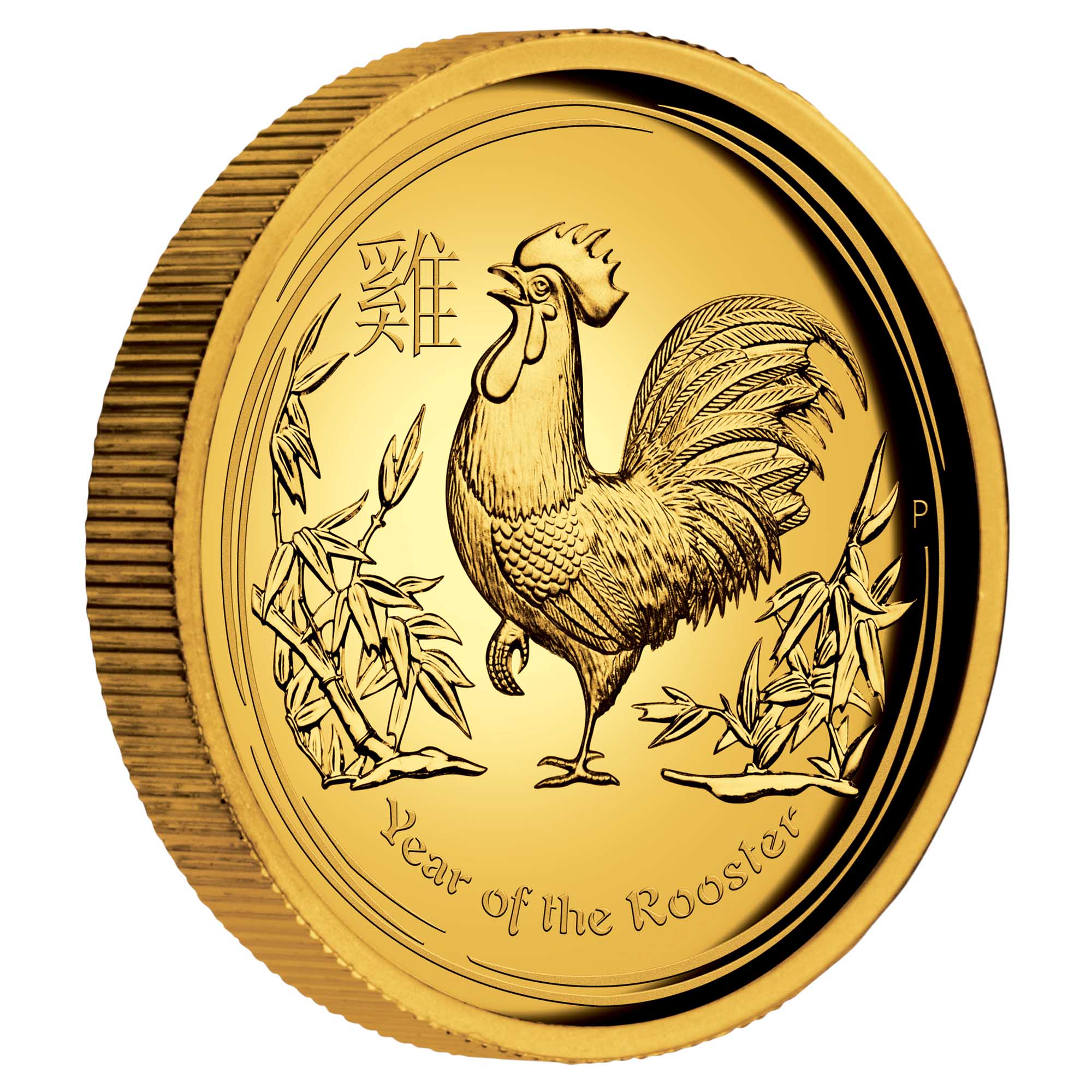 01 2017 YearOfTheRooster Gold 1oz HighRelief Proof OnEdge HighRes