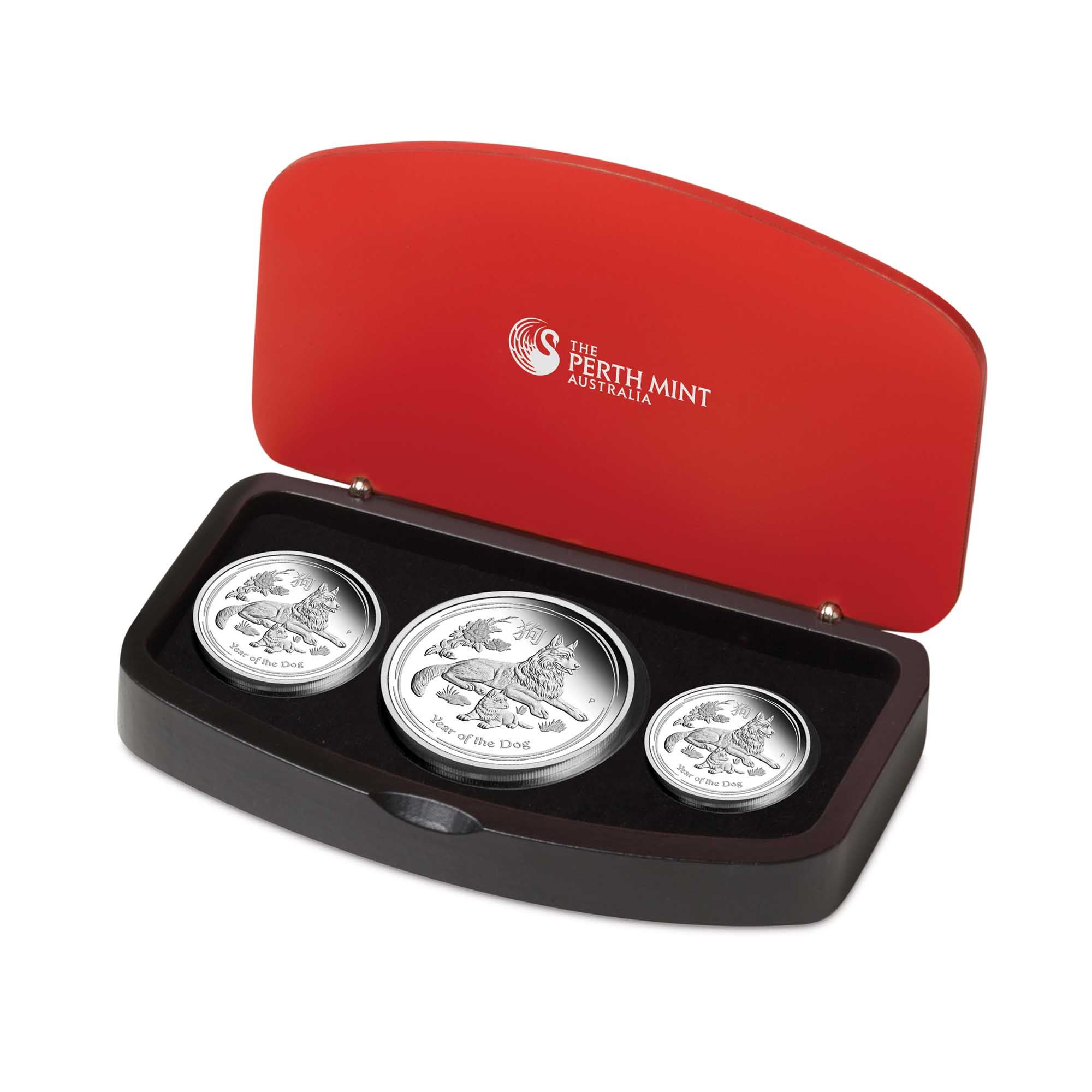 06 australian lunar silver coin series year of the dog three coin set 2018 silver proof InCase