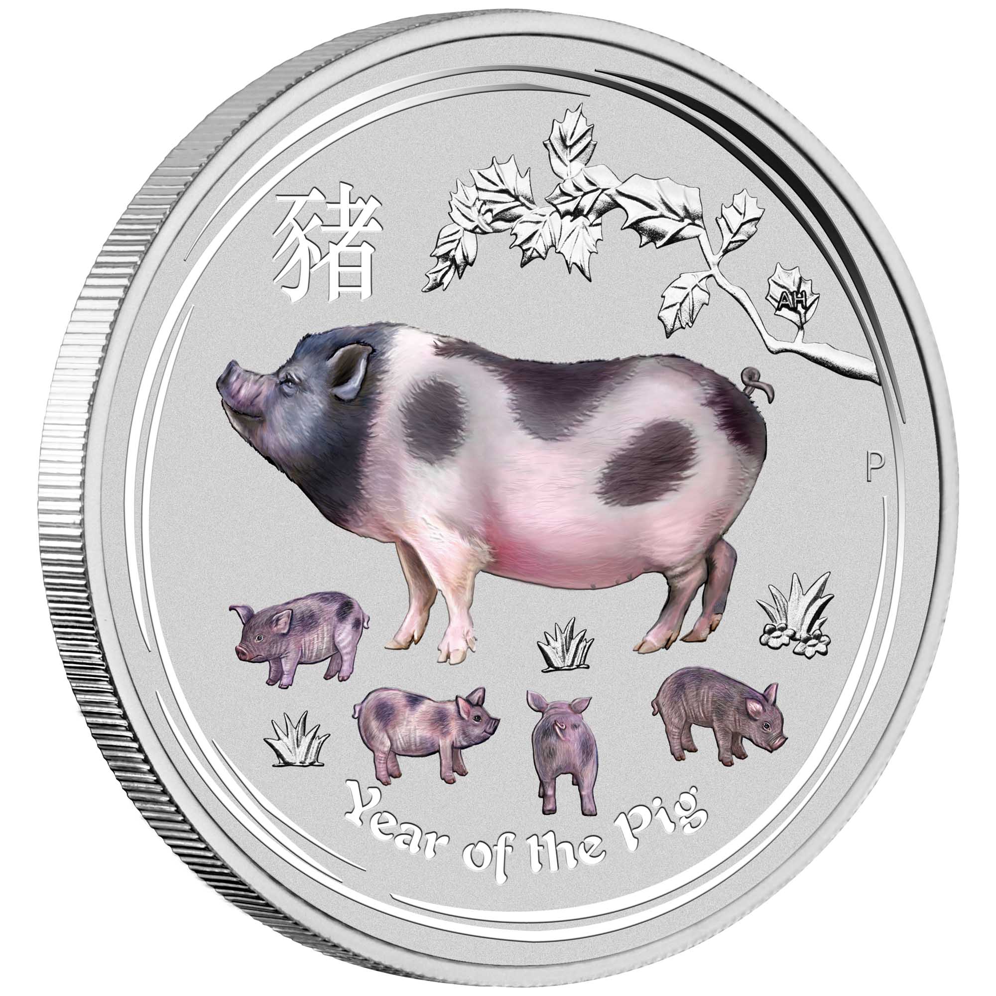 01 2019 YearOfThePig Silver Coloured Bullion OnEdge HighRes