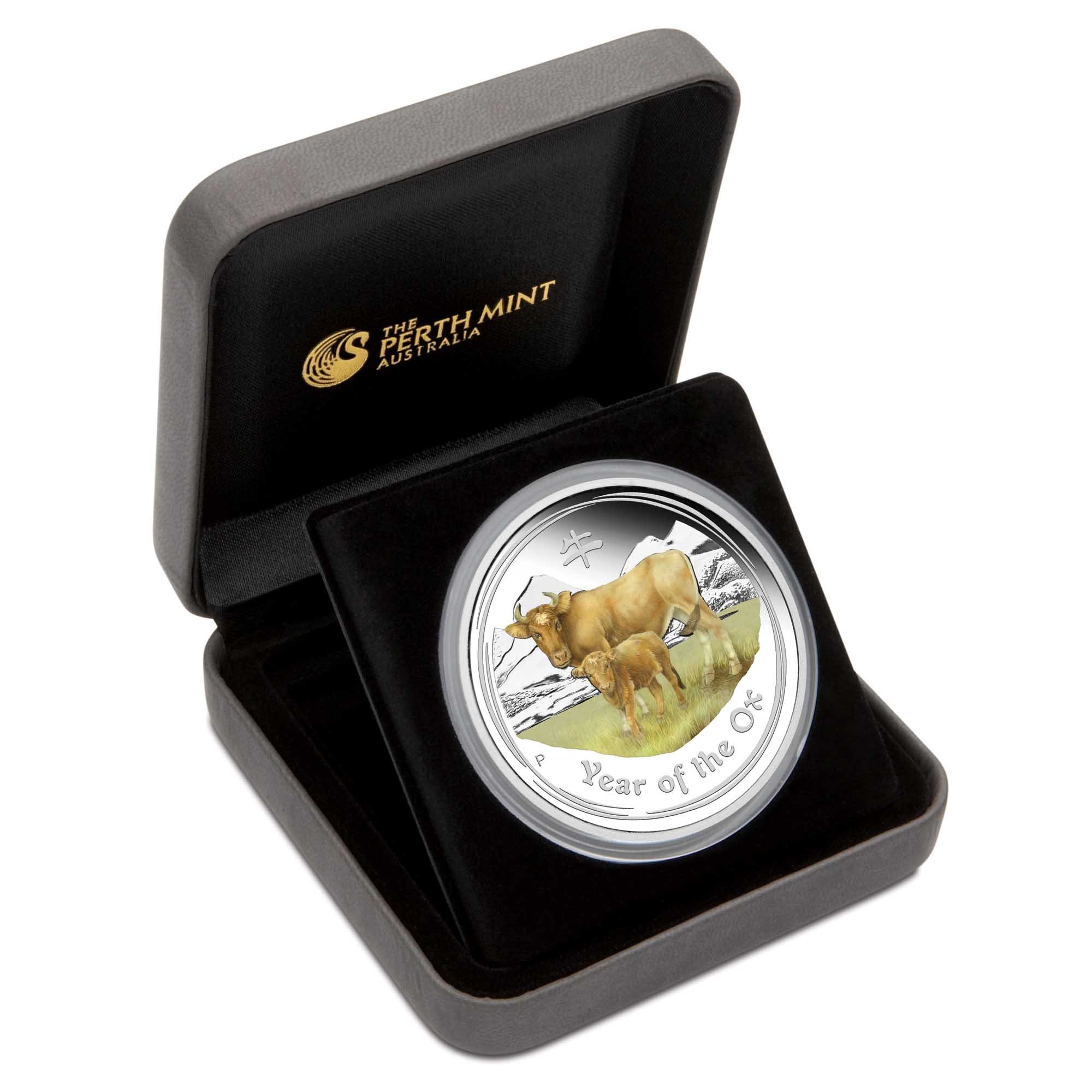 03 Lunar Series II YOT Ox 2oz Silver Proof Coloured Coin InCase HighRes